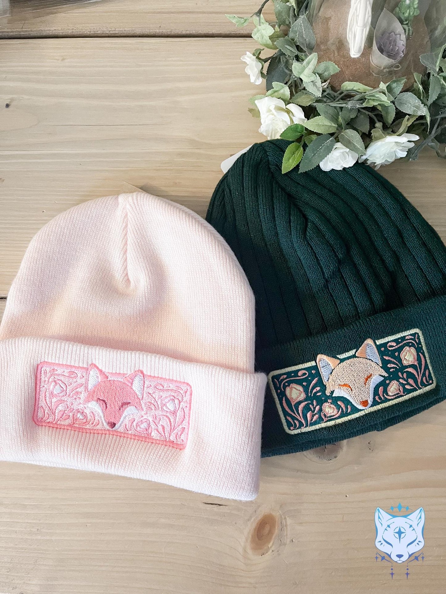 Fox Floral Embroidered Beanie