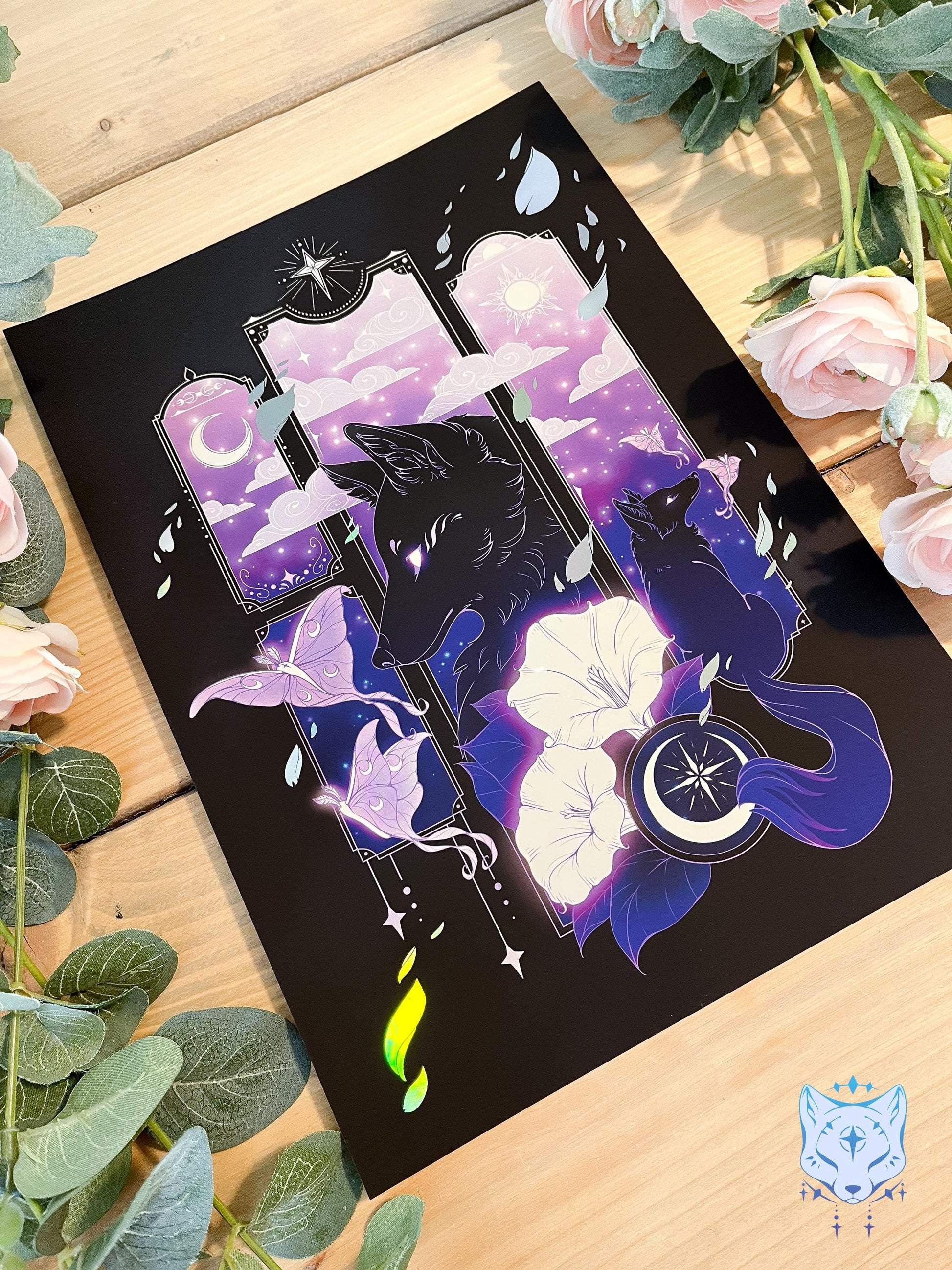 Purple Lunar Moth & Fox - A4 Holographic Foil Art print