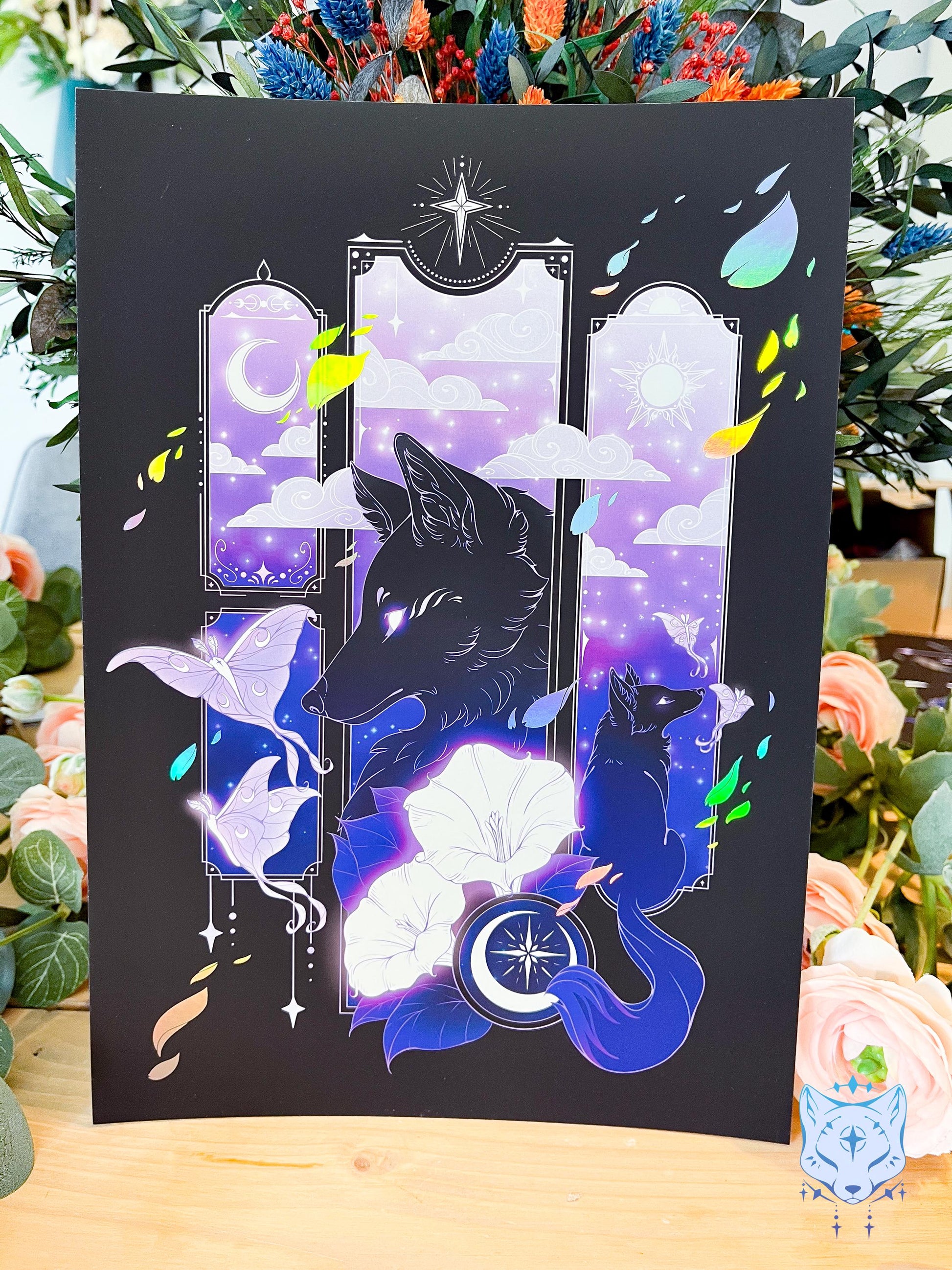 Purple Lunar Moth & Fox - A4 Holographic Foil Art print