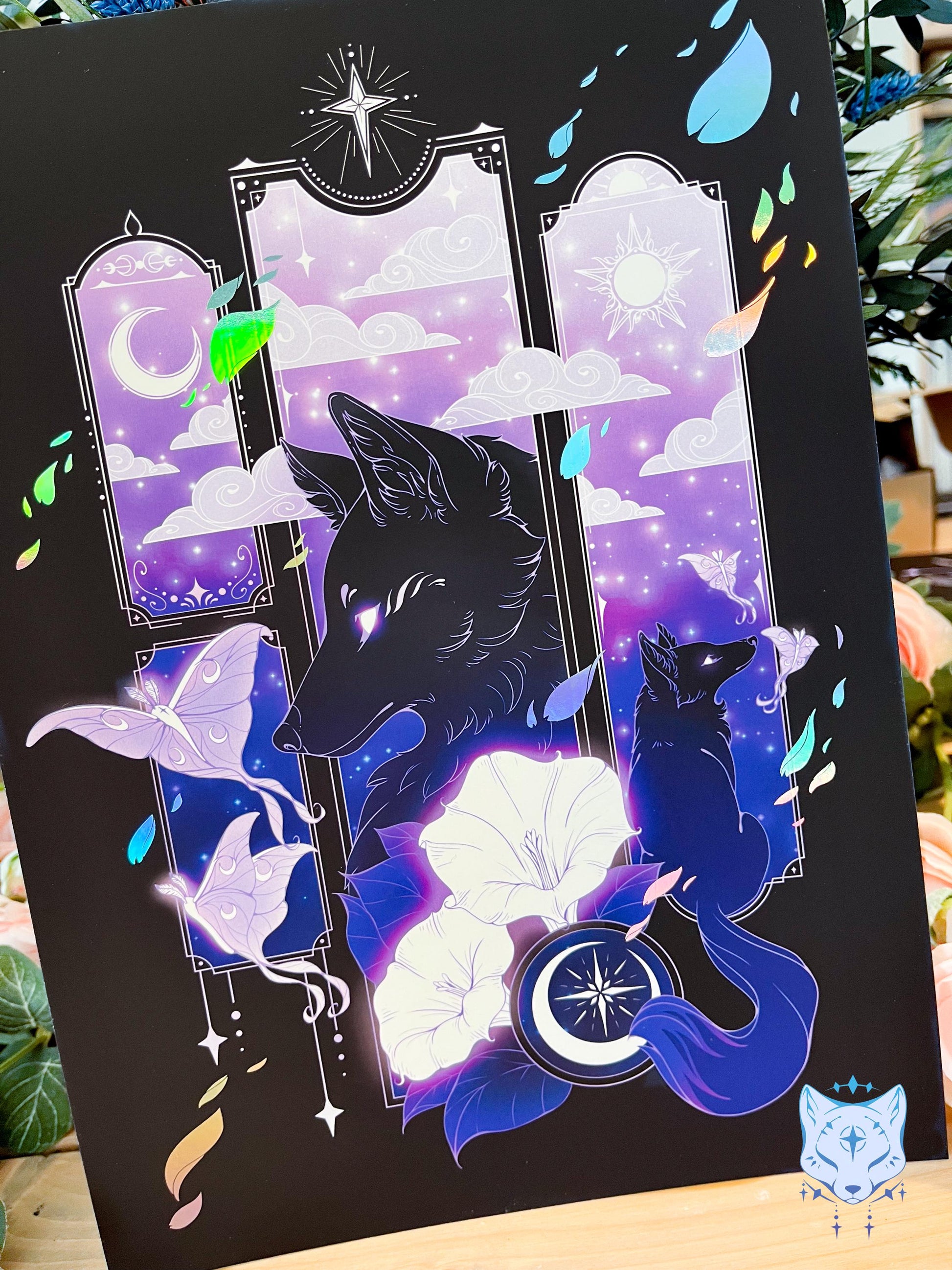Purple Lunar Moth & Fox - A4 Holographic Foil Art print