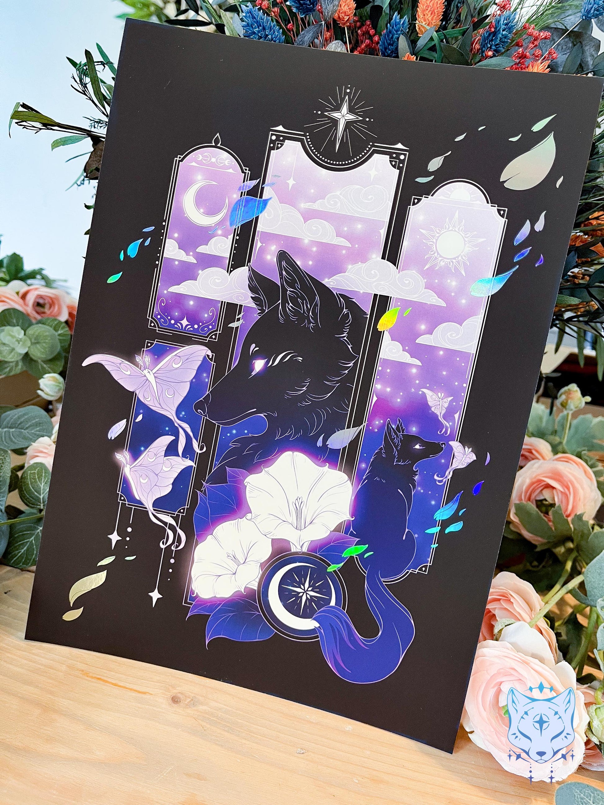 Purple Lunar Moth & Fox - A4 Holographic Foil Art print