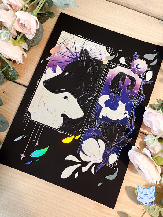 Purple Lunar Wolves - A4 Holographic Foil Art print