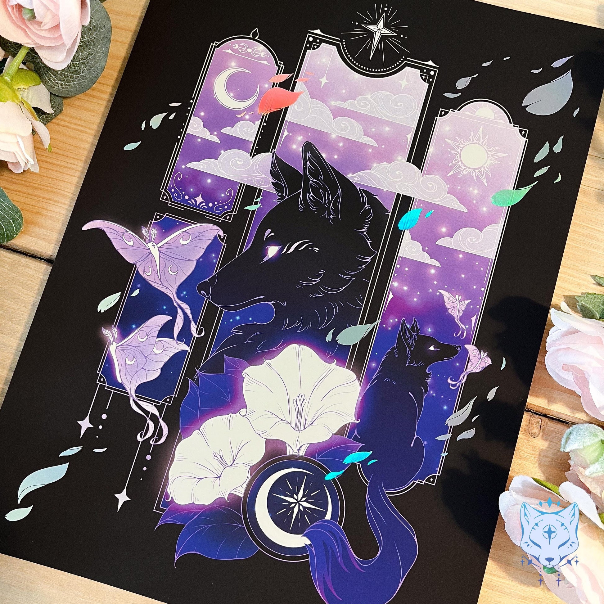 Purple Lunar Moth & Fox - A4 Holographic Foil Art print