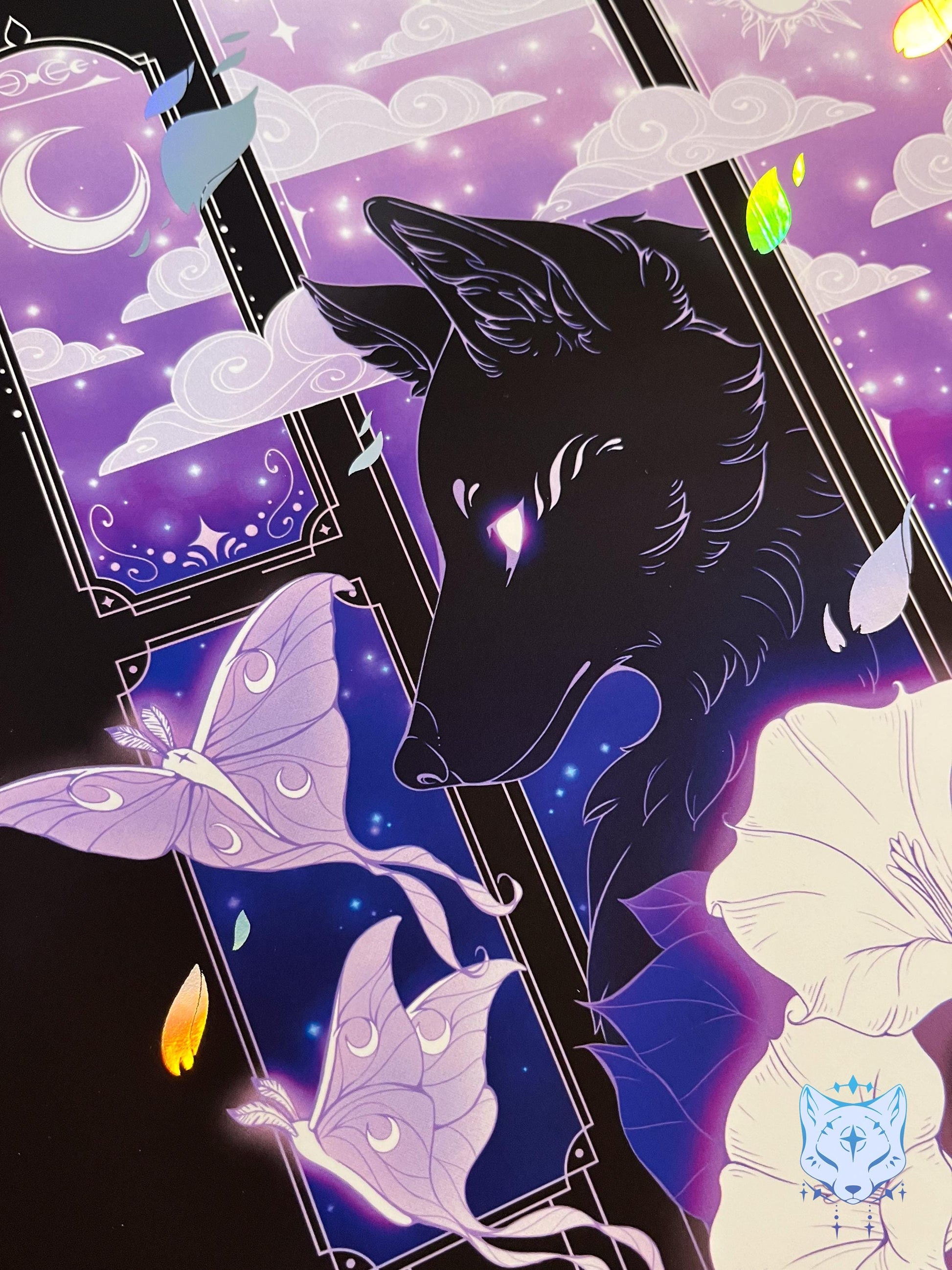 Purple Lunar Moth & Fox - A4 Holographic Foil Art print
