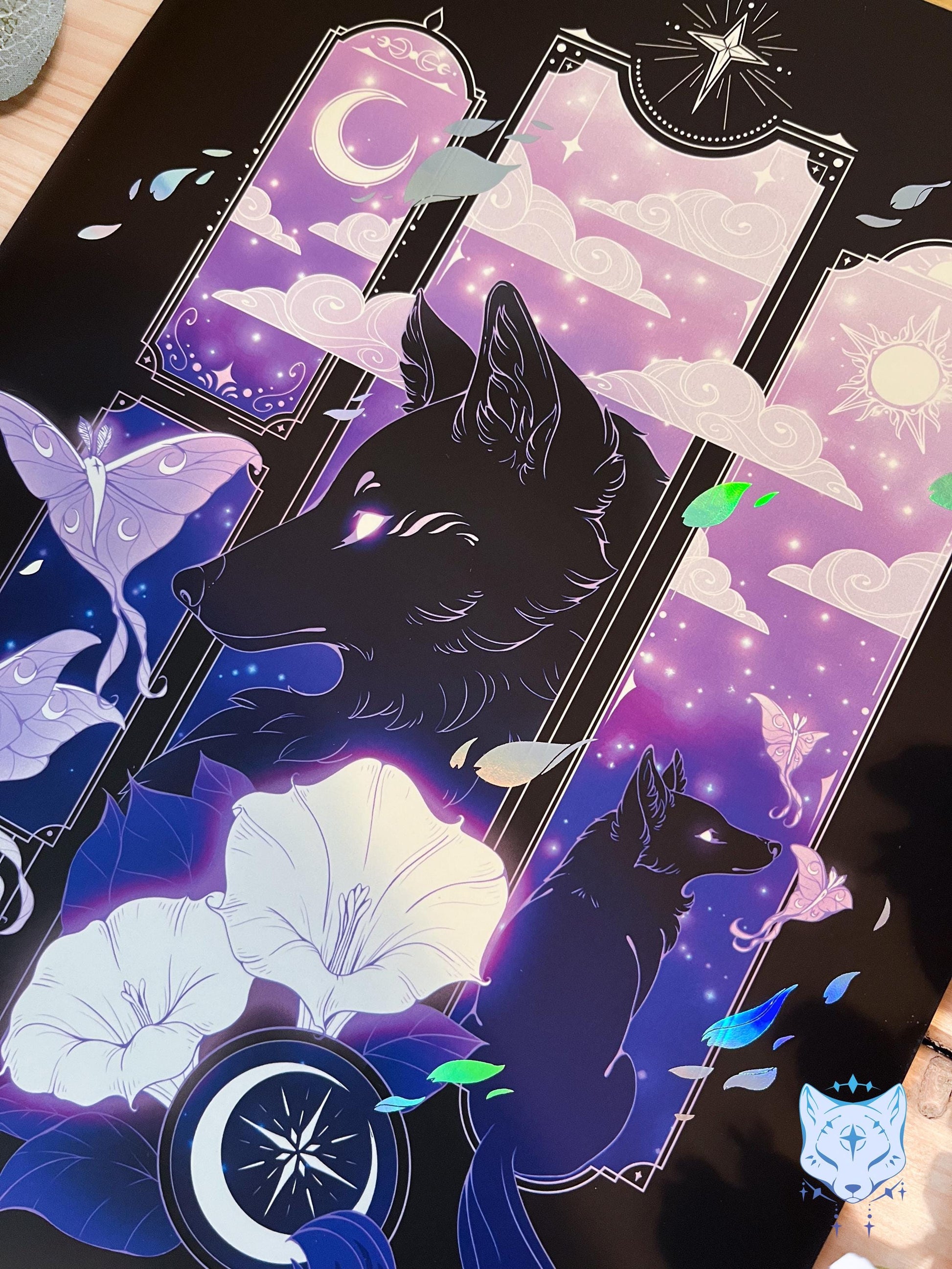 Purple Lunar Moth & Fox - A4 Holographic Foil Art print