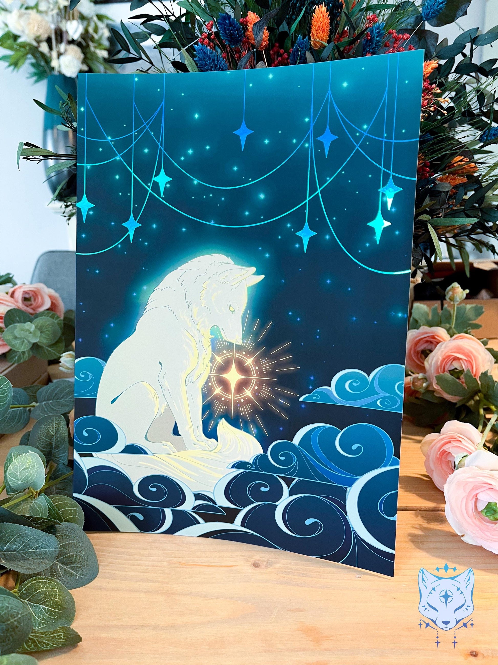 Star Gazing Wolf - A4 Holographic Foil Art print
