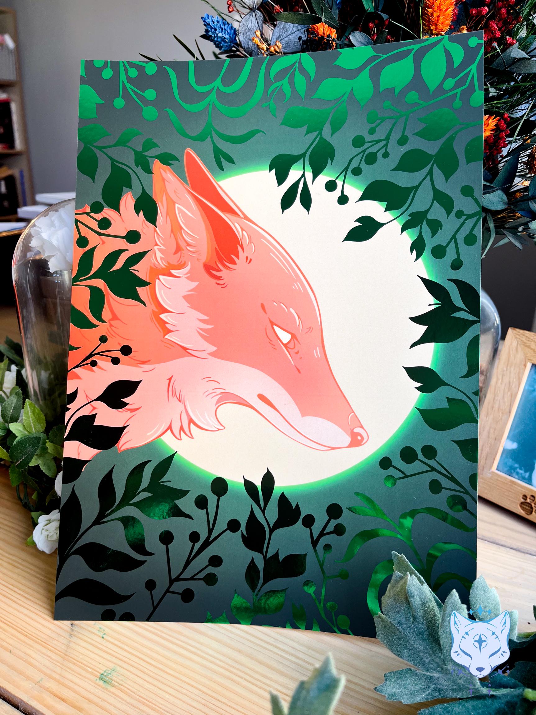 Whisper to the Moon - Green Foil Fox Foil Art print | Signed & Numbered