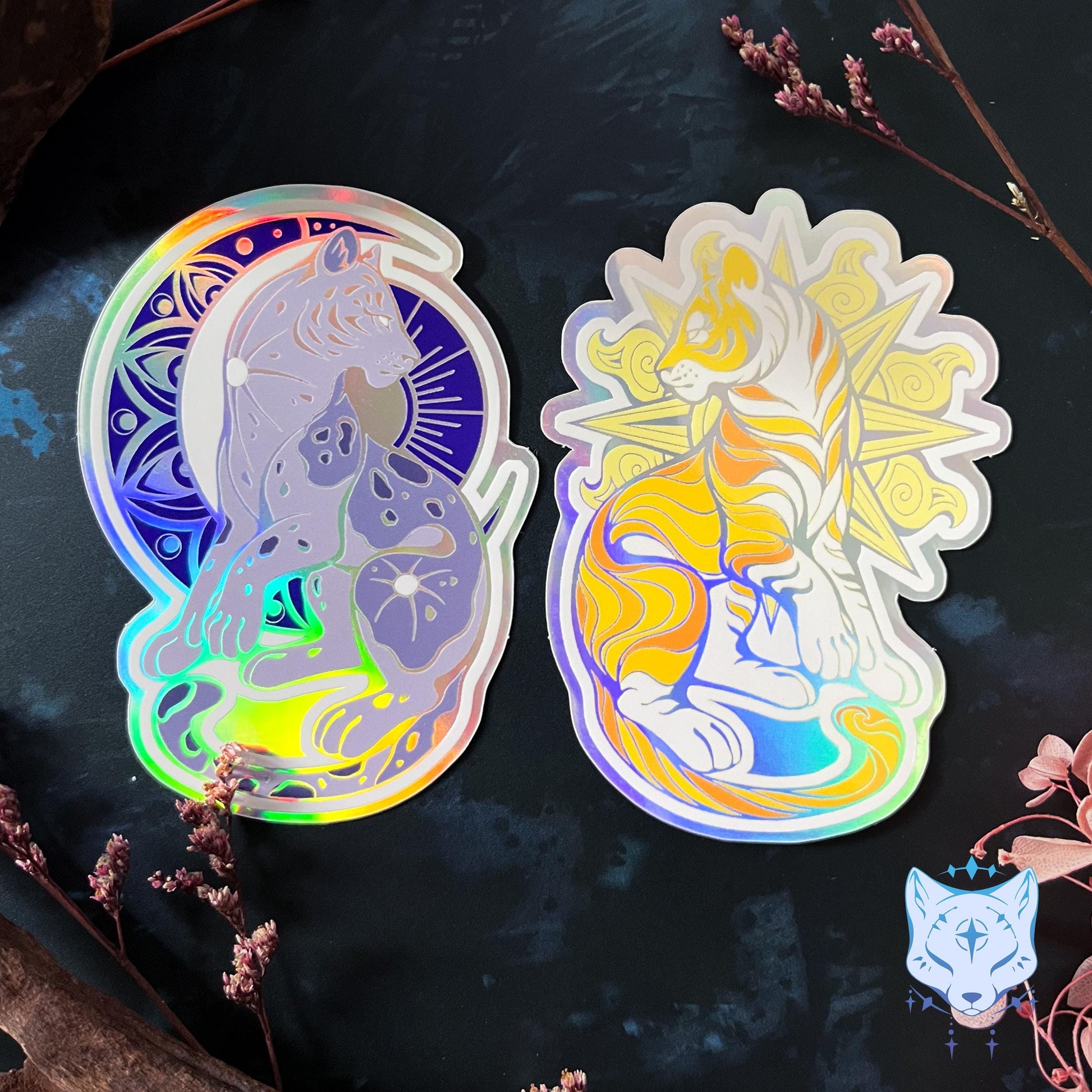 Sun & Moon Holographic Cat stickers | 8cm tall