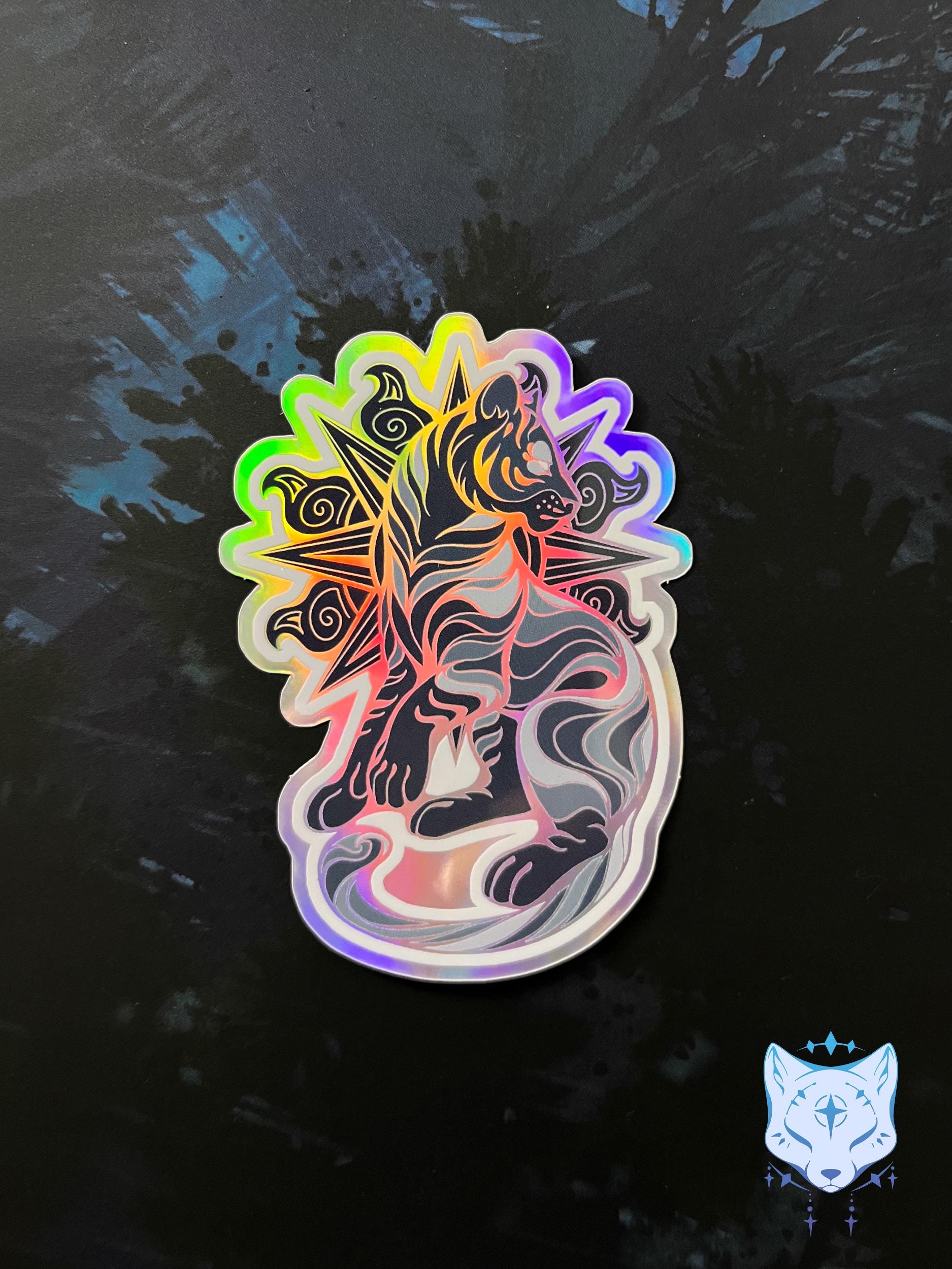 Black Sun & Blood Moon Holographic Cat stickers | 8cm tall
