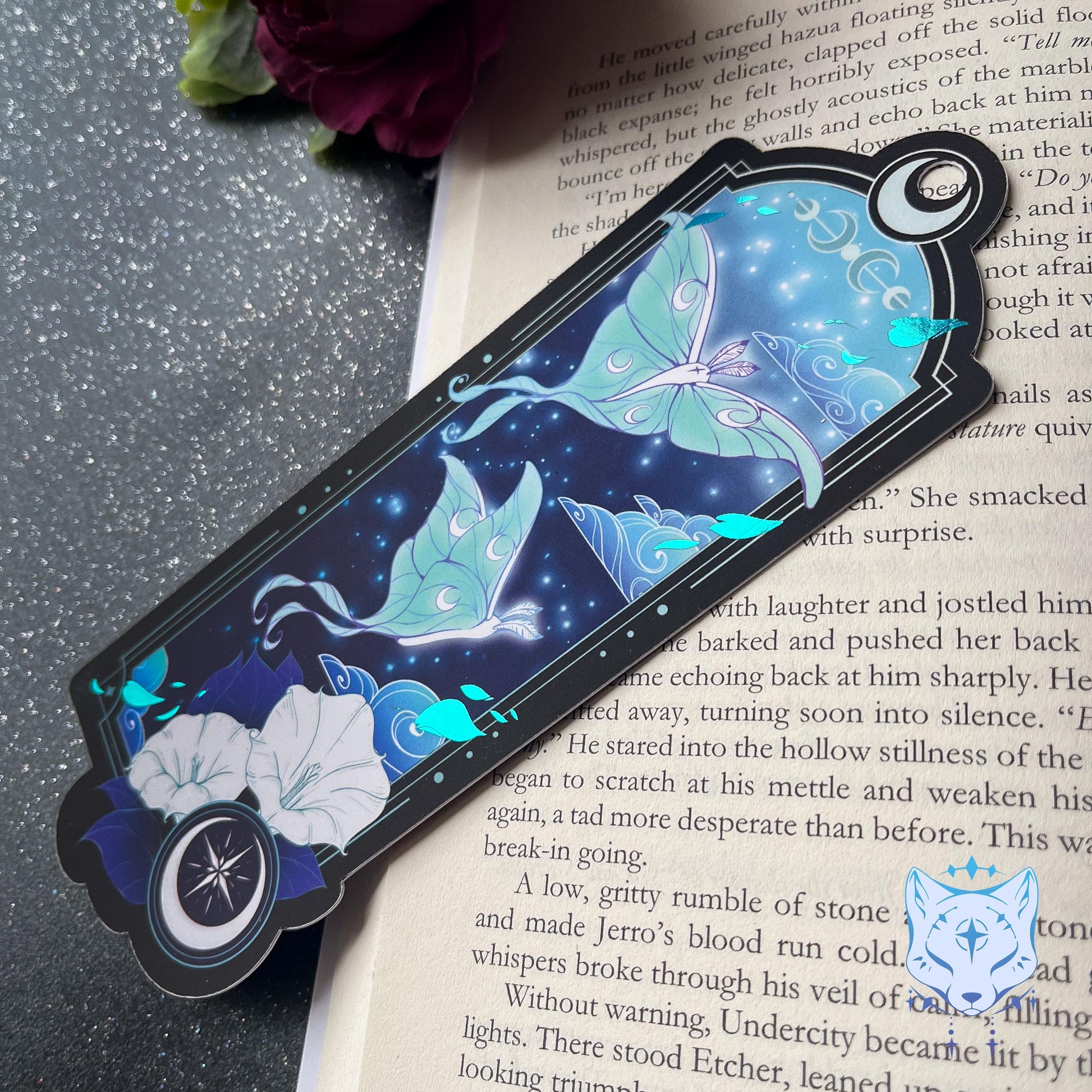 Lunar Moth Bookmark with teal foil detail