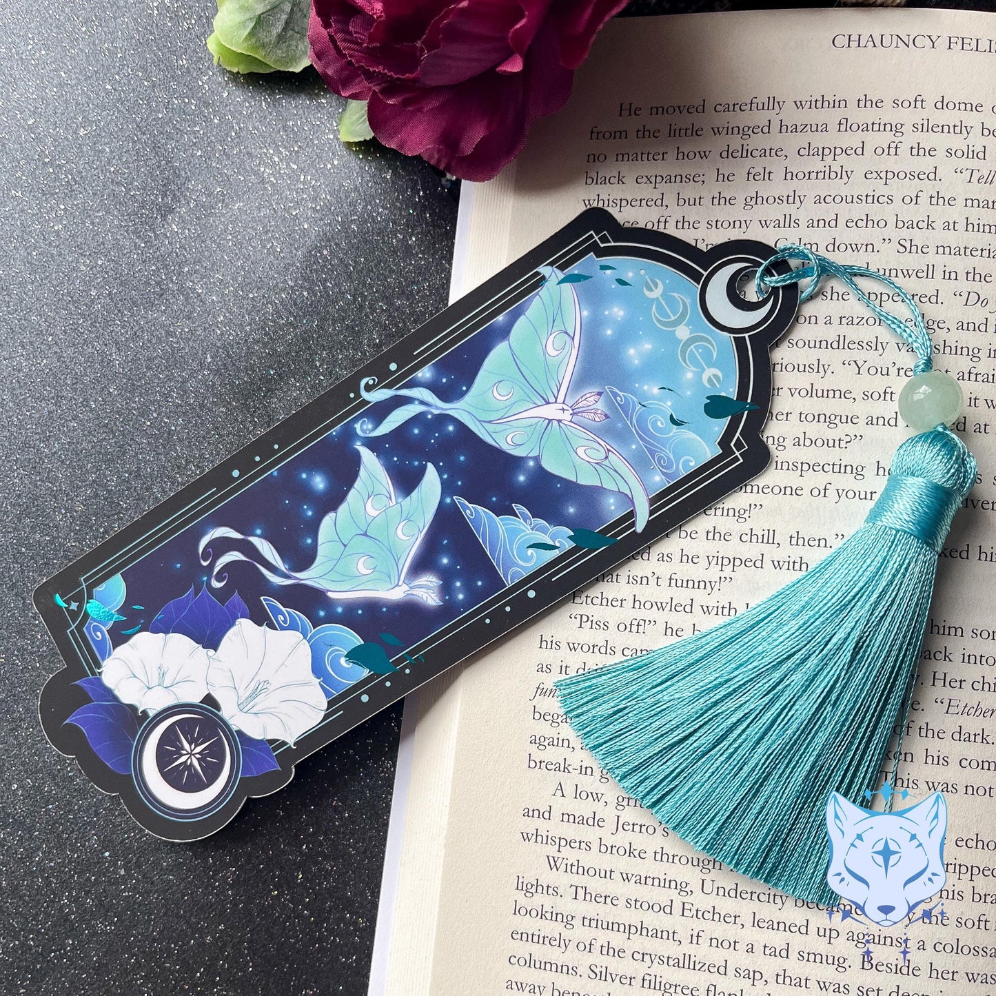 Lunar Moth Bookmark with teal foil detail