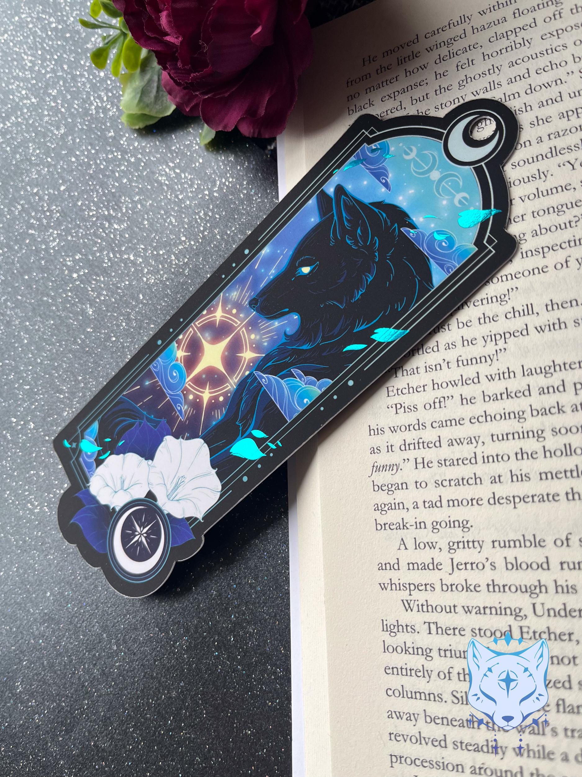 Celestial Wolf Bookmark with teal foil detail