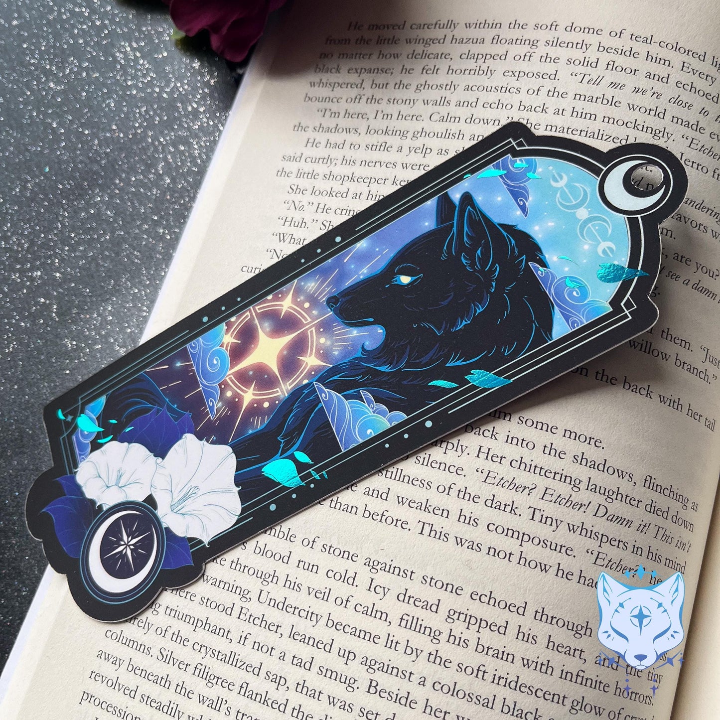Celestial Wolf Bookmark with teal foil detail