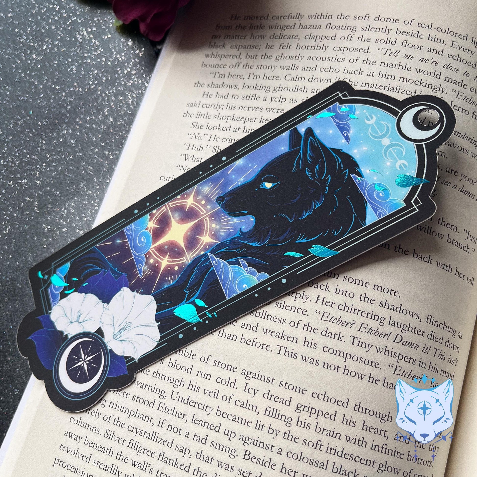 Celestial Wolf Bookmark with teal foil detail