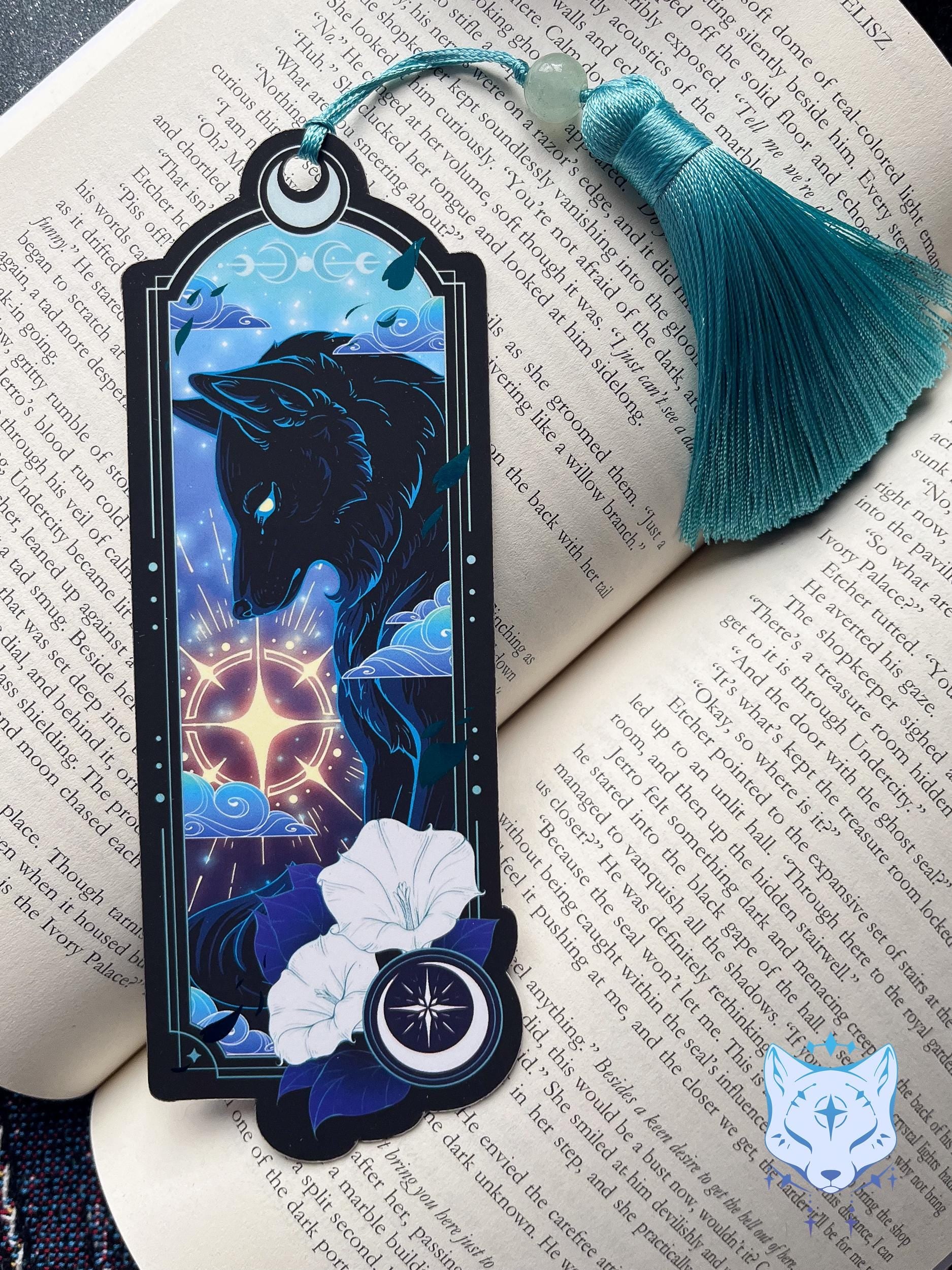 Celestial Wolf Bookmark with teal foil detail