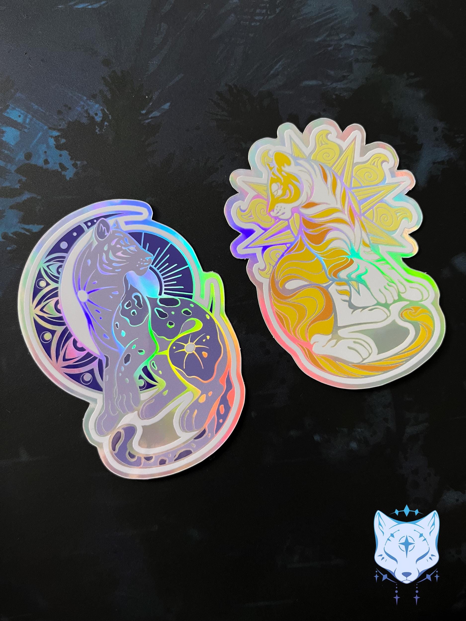 Sun & Moon Holographic Cat stickers | 8cm tall