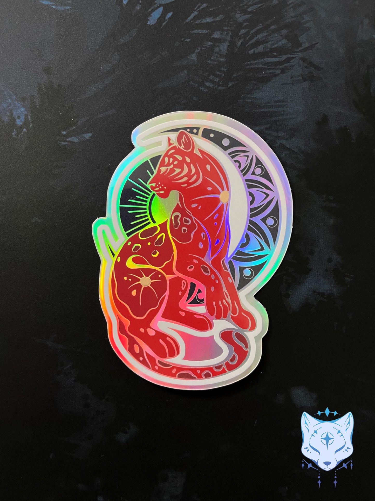 Black Sun & Blood Moon Holographic Cat stickers | 8cm tall