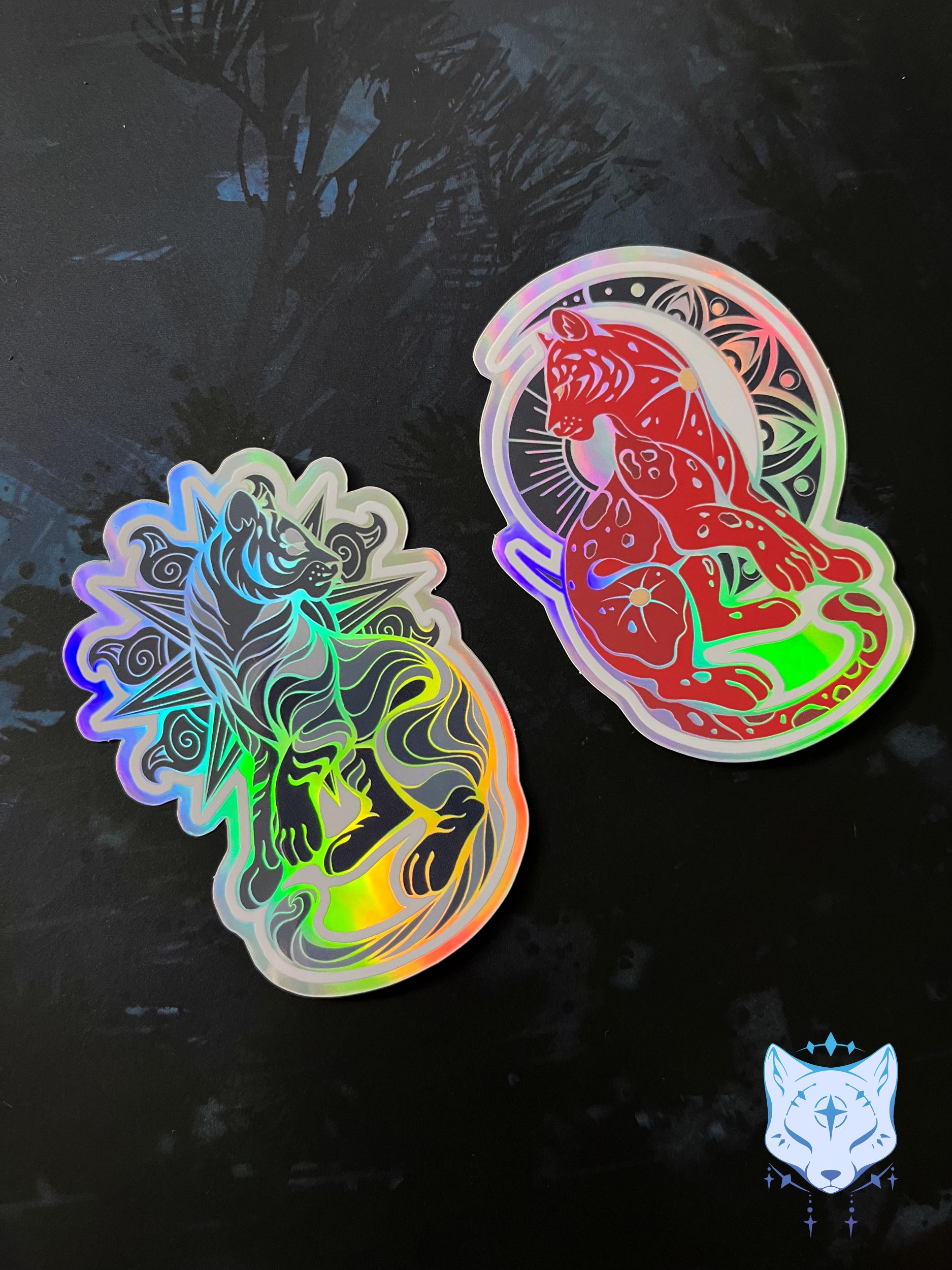 Black Sun & Blood Moon Holographic Cat stickers | 8cm tall