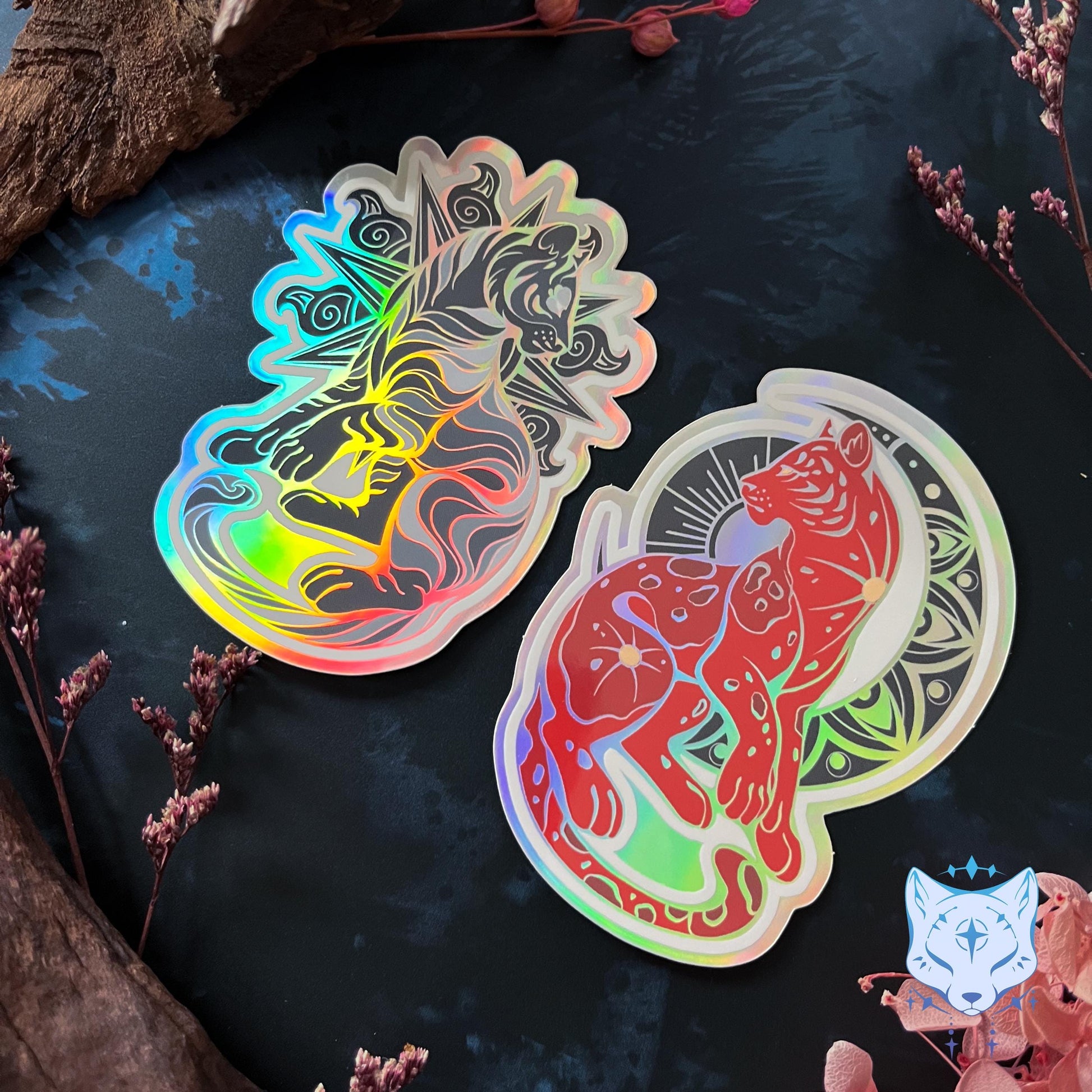 Black Sun & Blood Moon Holographic Cat stickers | 8cm tall
