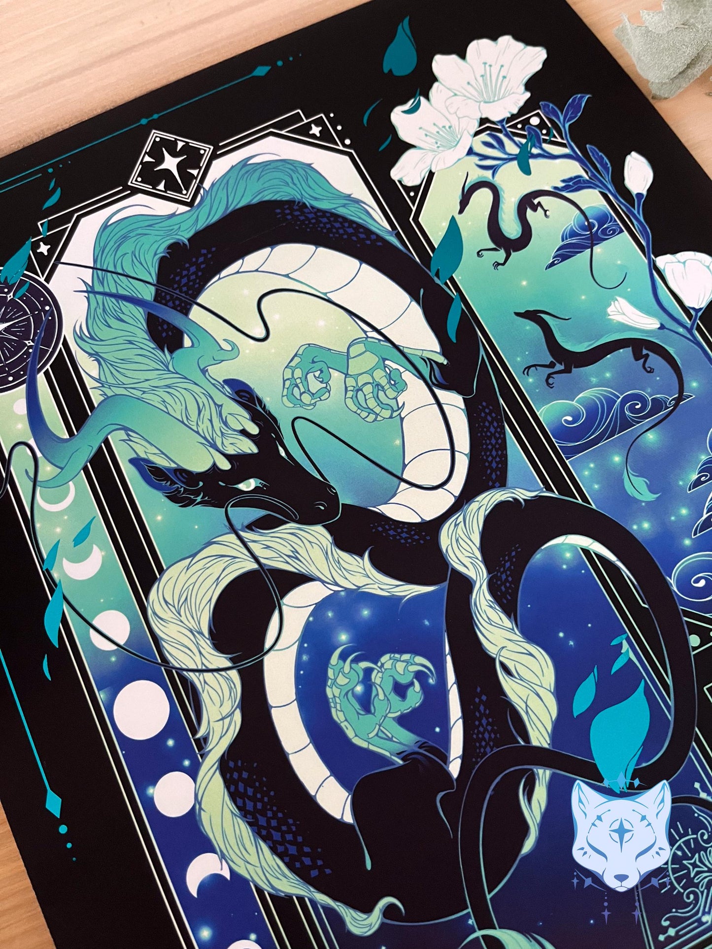 Black & Teal Asian Dragon - A4 LIMITED EDITION Teal Foil Art print