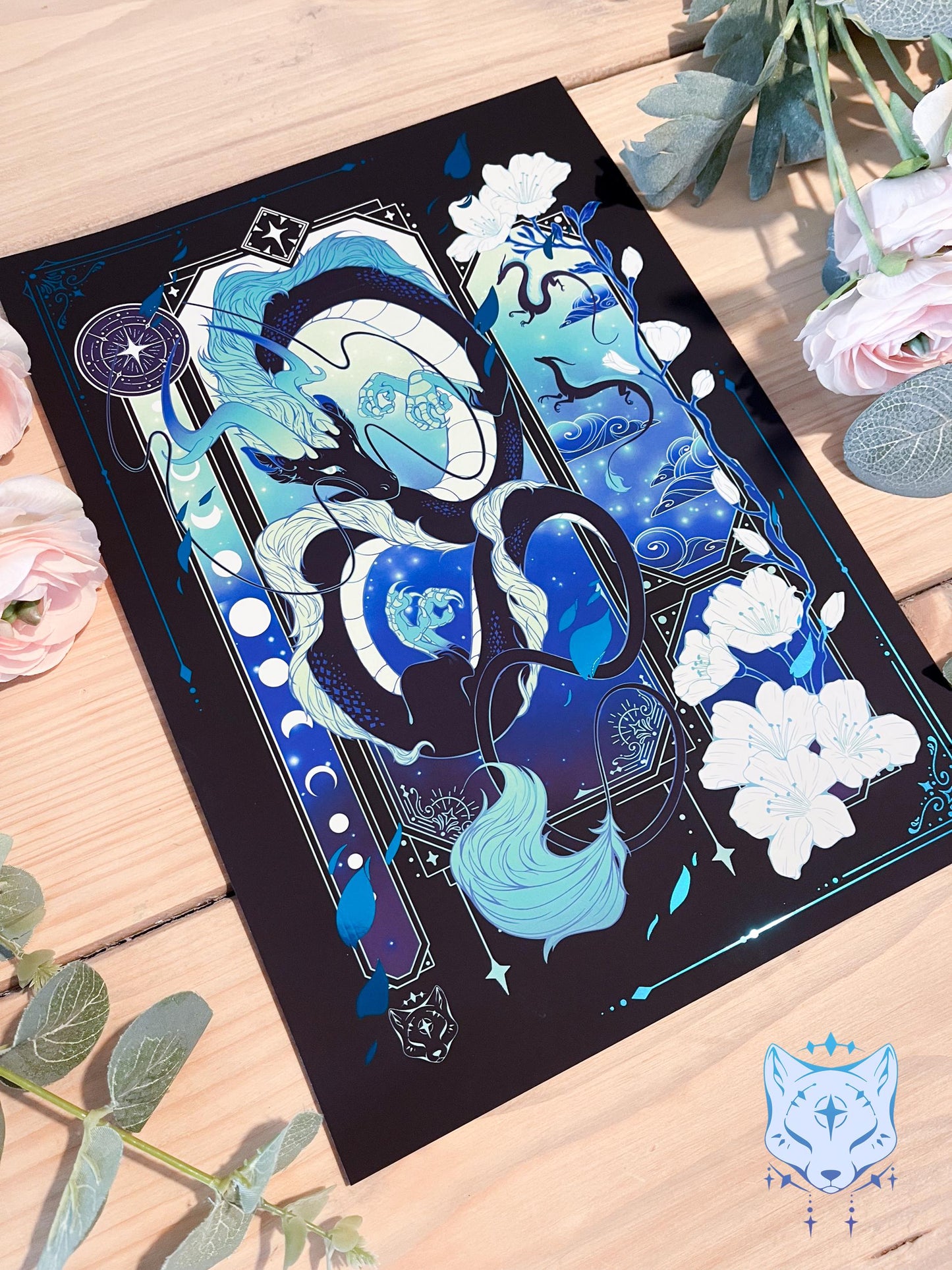 Black & Teal Asian Dragon - A4 LIMITED EDITION Teal Foil Art print