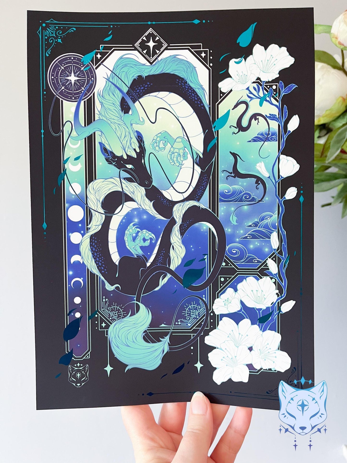 Black & Teal Asian Dragon - A4 LIMITED EDITION Teal Foil Art print