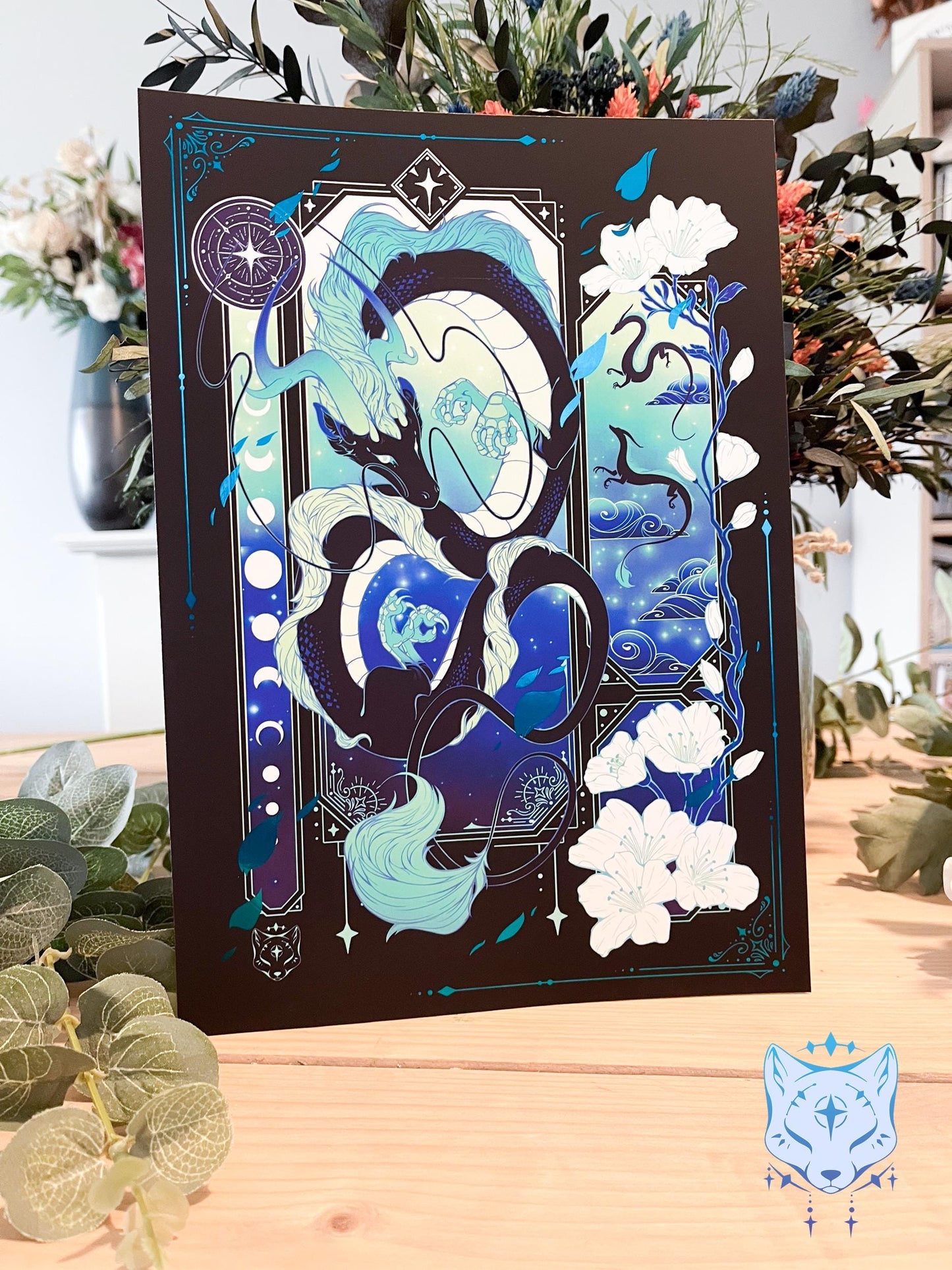 Black & Teal Asian Dragon - A4 LIMITED EDITION Teal Foil Art print