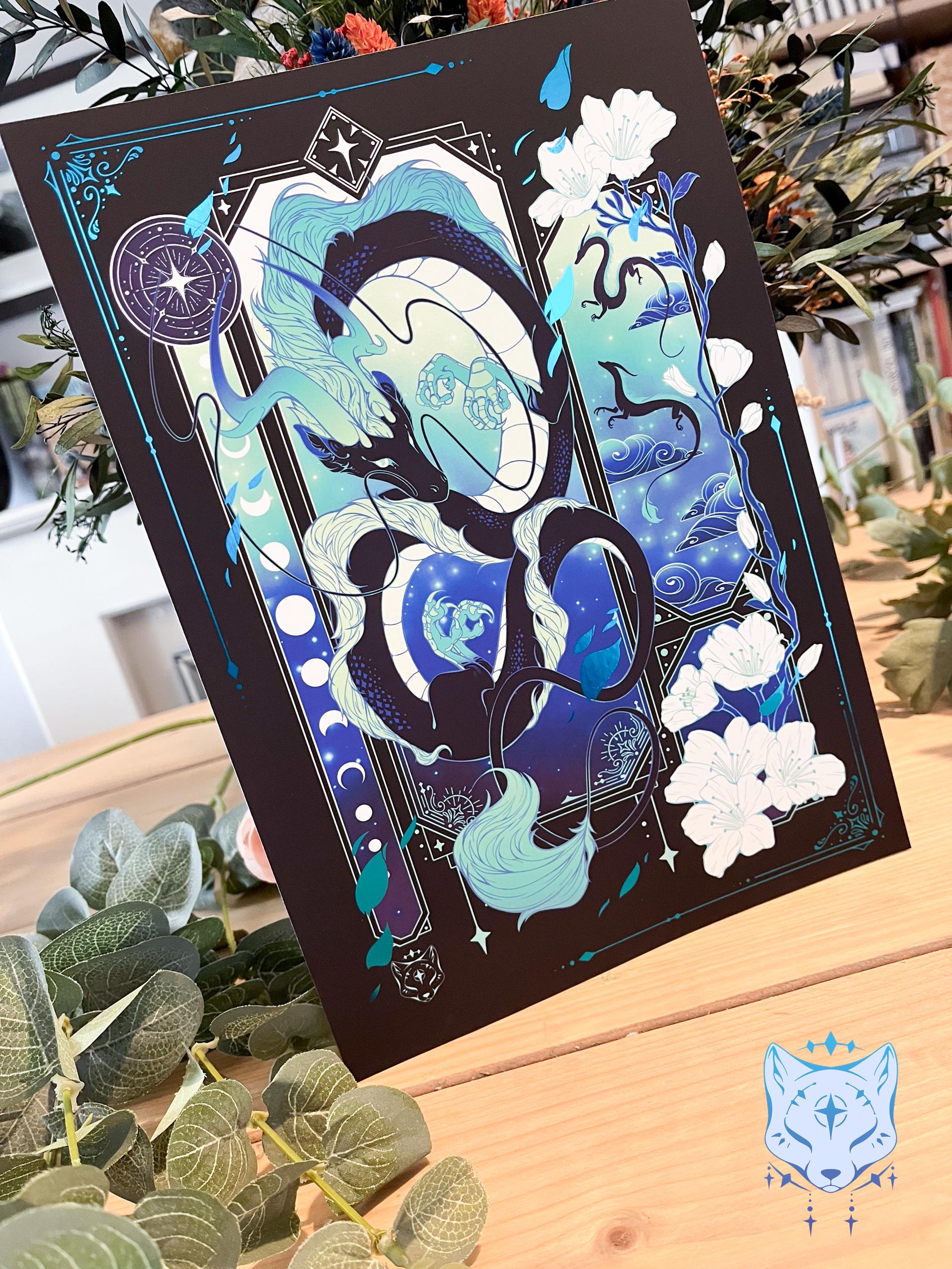 Black & Teal Asian Dragon - A4 LIMITED EDITION Teal Foil Art print