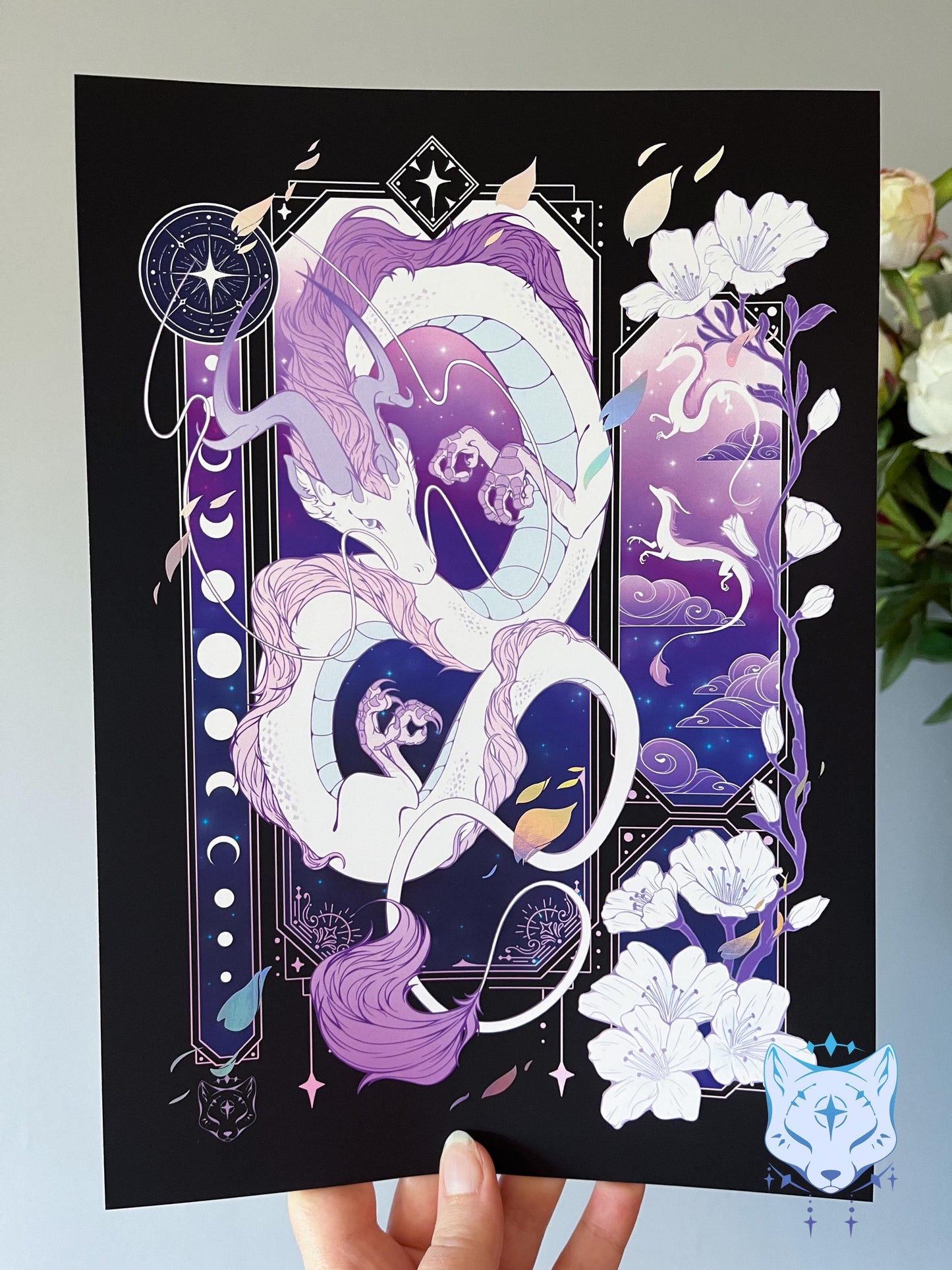 Purple & White Asian Dragon - A4 Holographic Foil Art print