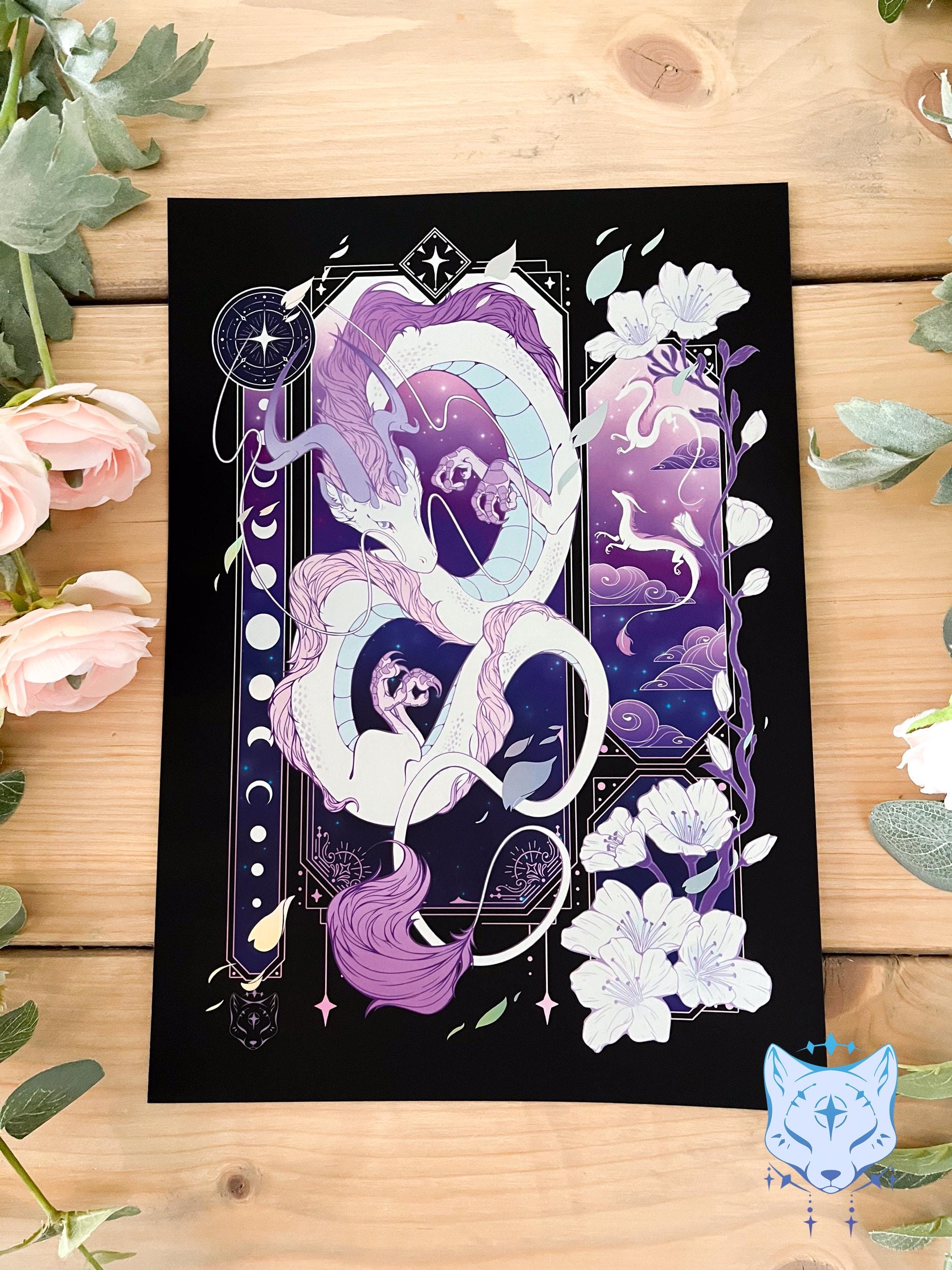 Purple & White Asian Dragon - A4 Holographic Foil Art print