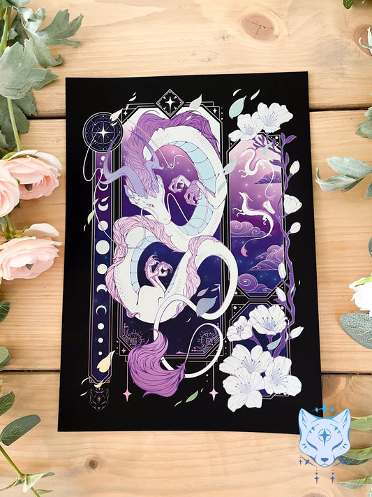 Purple & White Asian Dragon - A4 Holographic Foil Art print