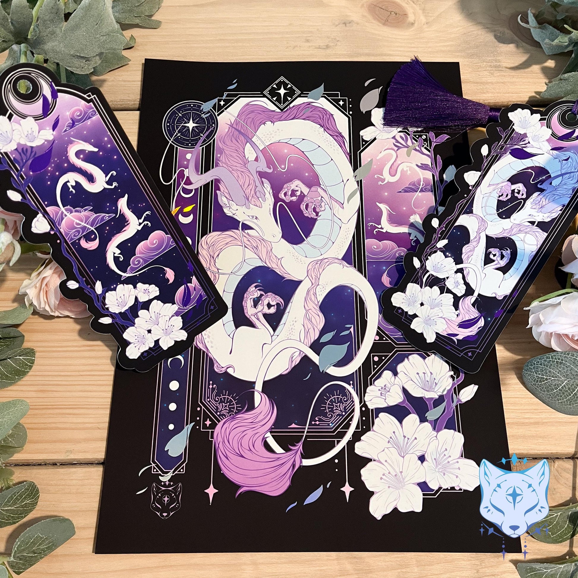 Purple & White Asian Dragon - A4 Holographic Foil Art print