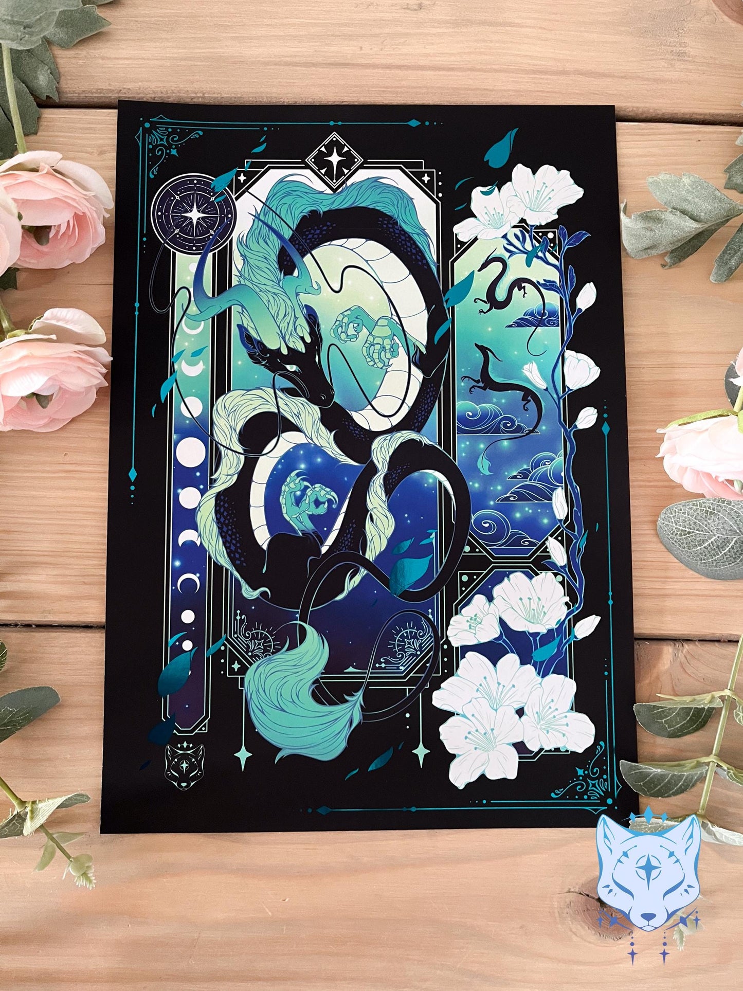 Black & Teal Asian Dragon - A4 LIMITED EDITION Teal Foil Art print