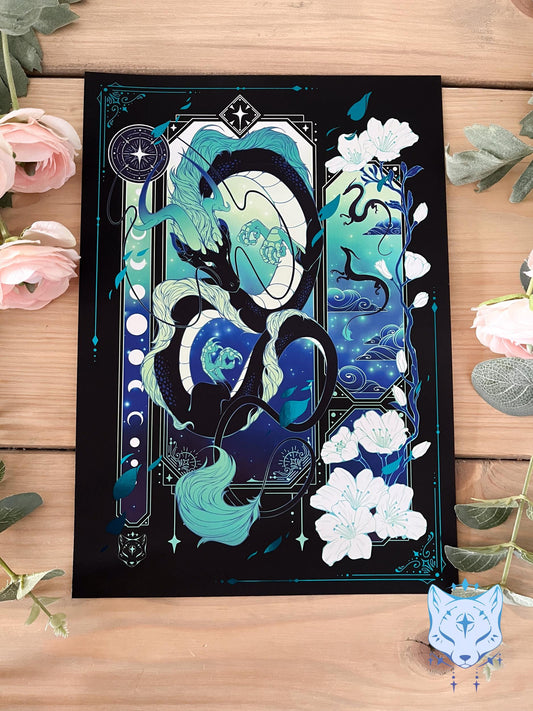 Black & Teal Asian Dragon - A4 LIMITED EDITION Teal Foil Art print