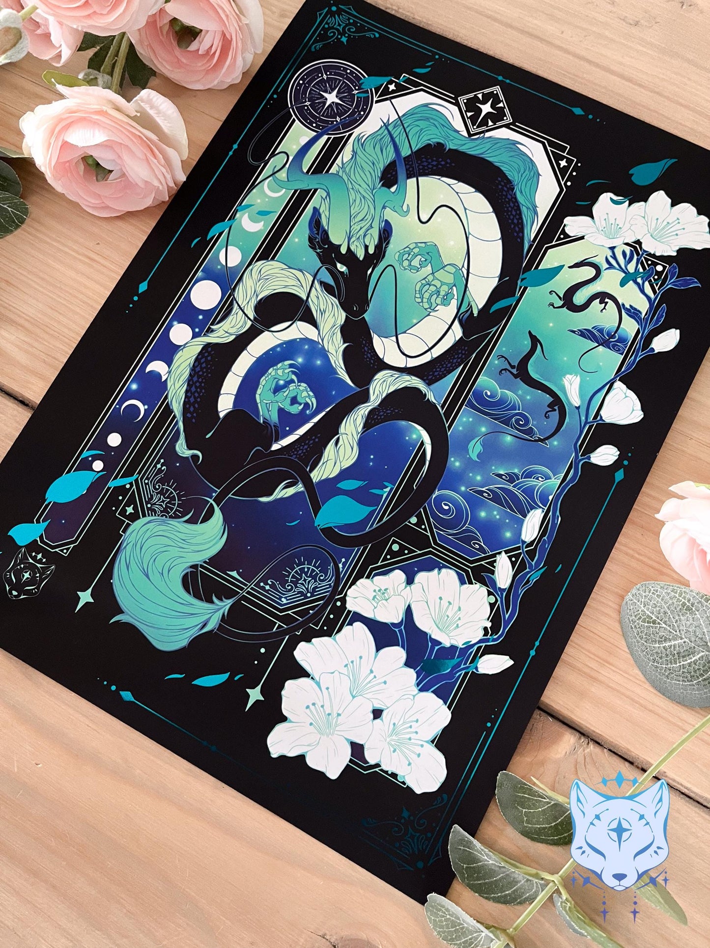 Black & Teal Asian Dragon - A4 LIMITED EDITION Teal Foil Art print