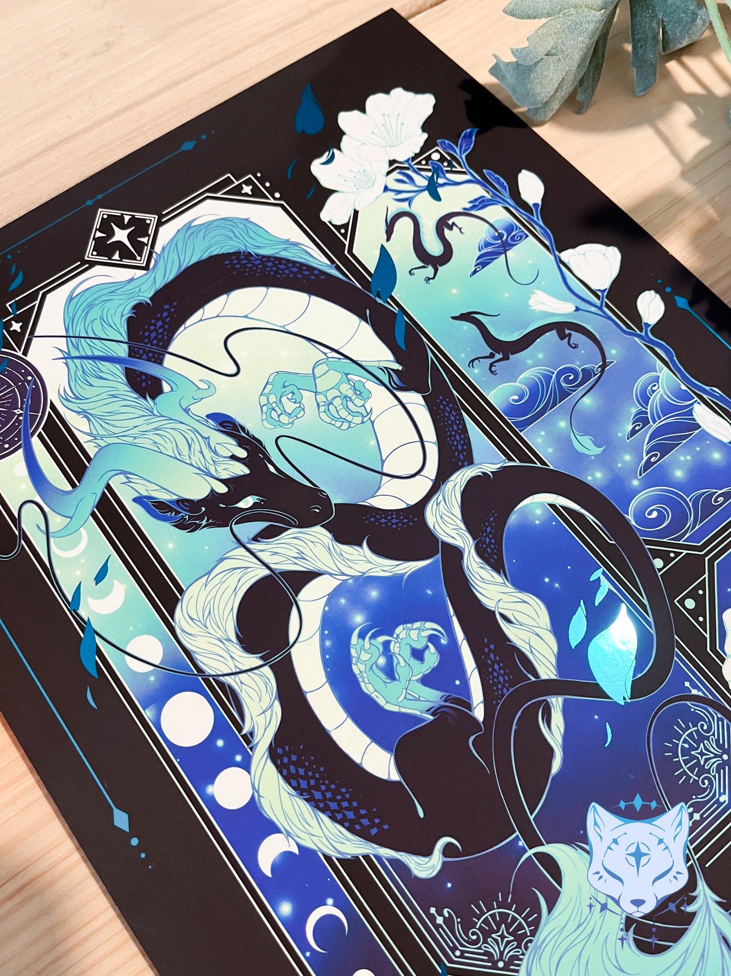 Black & Teal Asian Dragon - A4 LIMITED EDITION Teal Foil Art print