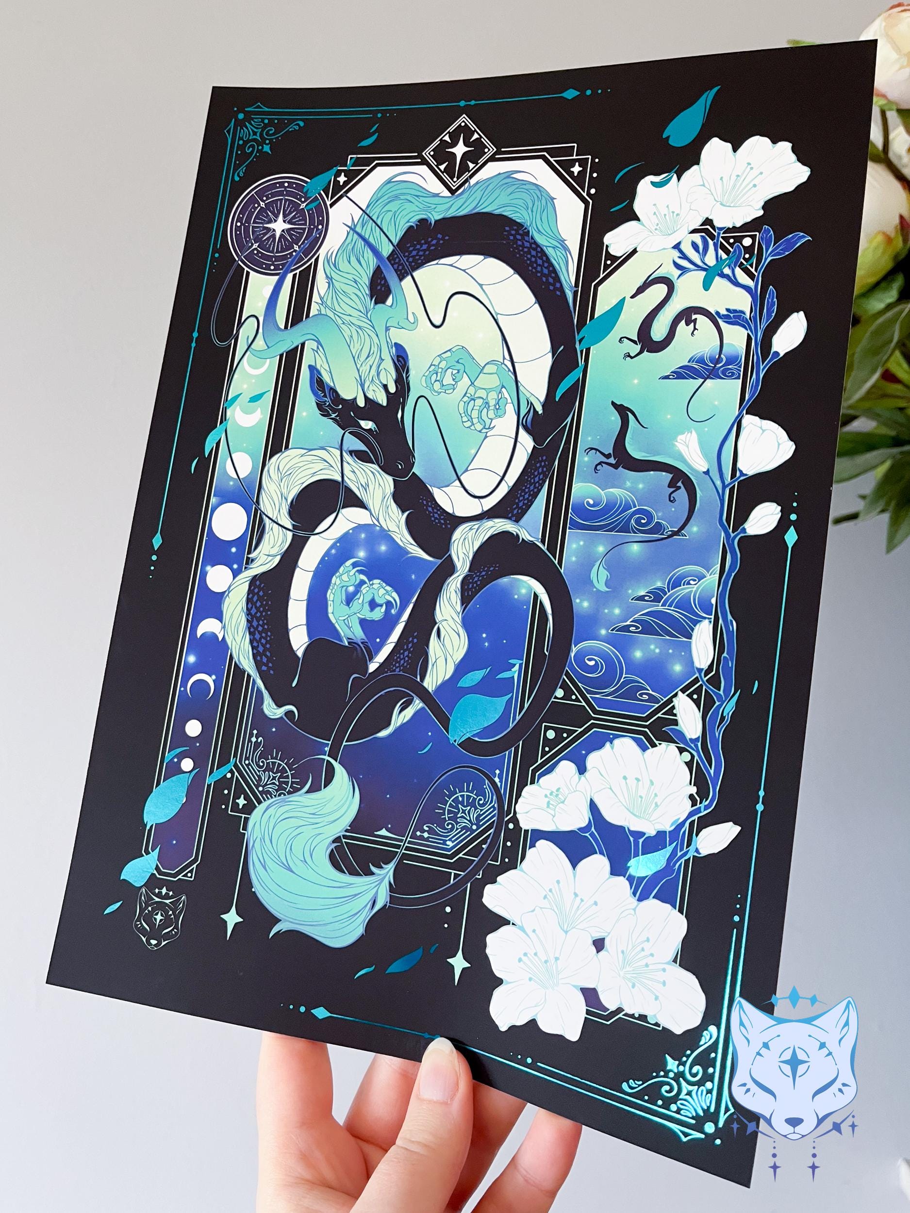 Black & Teal Asian Dragon - A4 LIMITED EDITION Teal Foil Art print