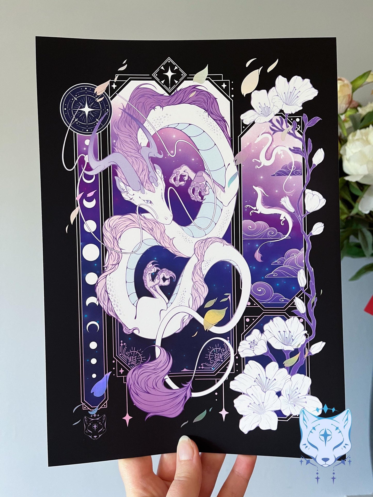 Purple & White Asian Dragon - A4 Holographic Foil Art print