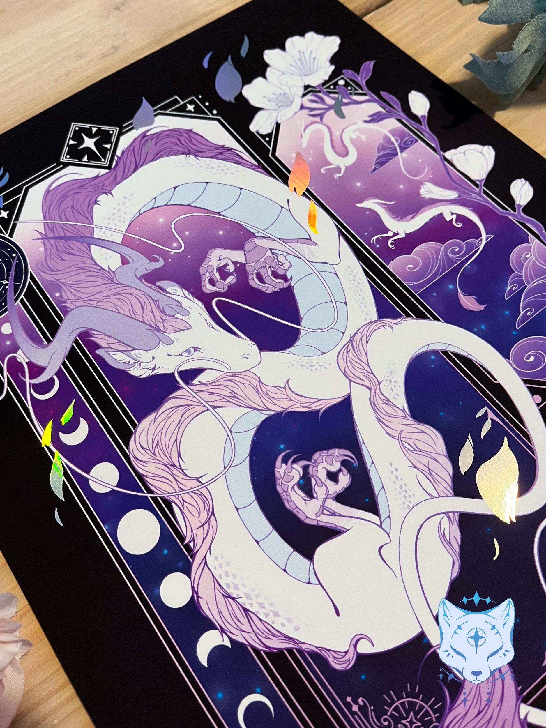 Purple & White Asian Dragon - A4 Holographic Foil Art print
