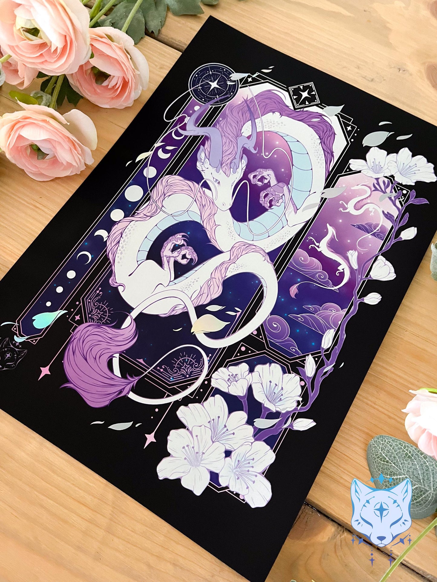 Purple & White Asian Dragon - A4 Holographic Foil Art print