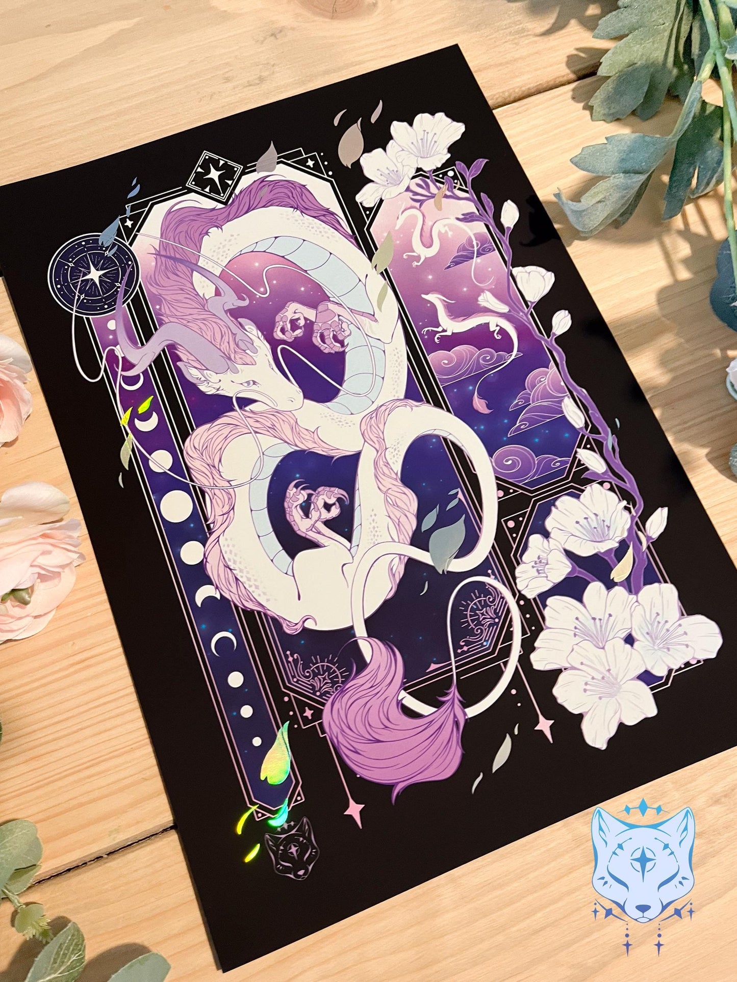 Purple & White Asian Dragon - A4 Holographic Foil Art print