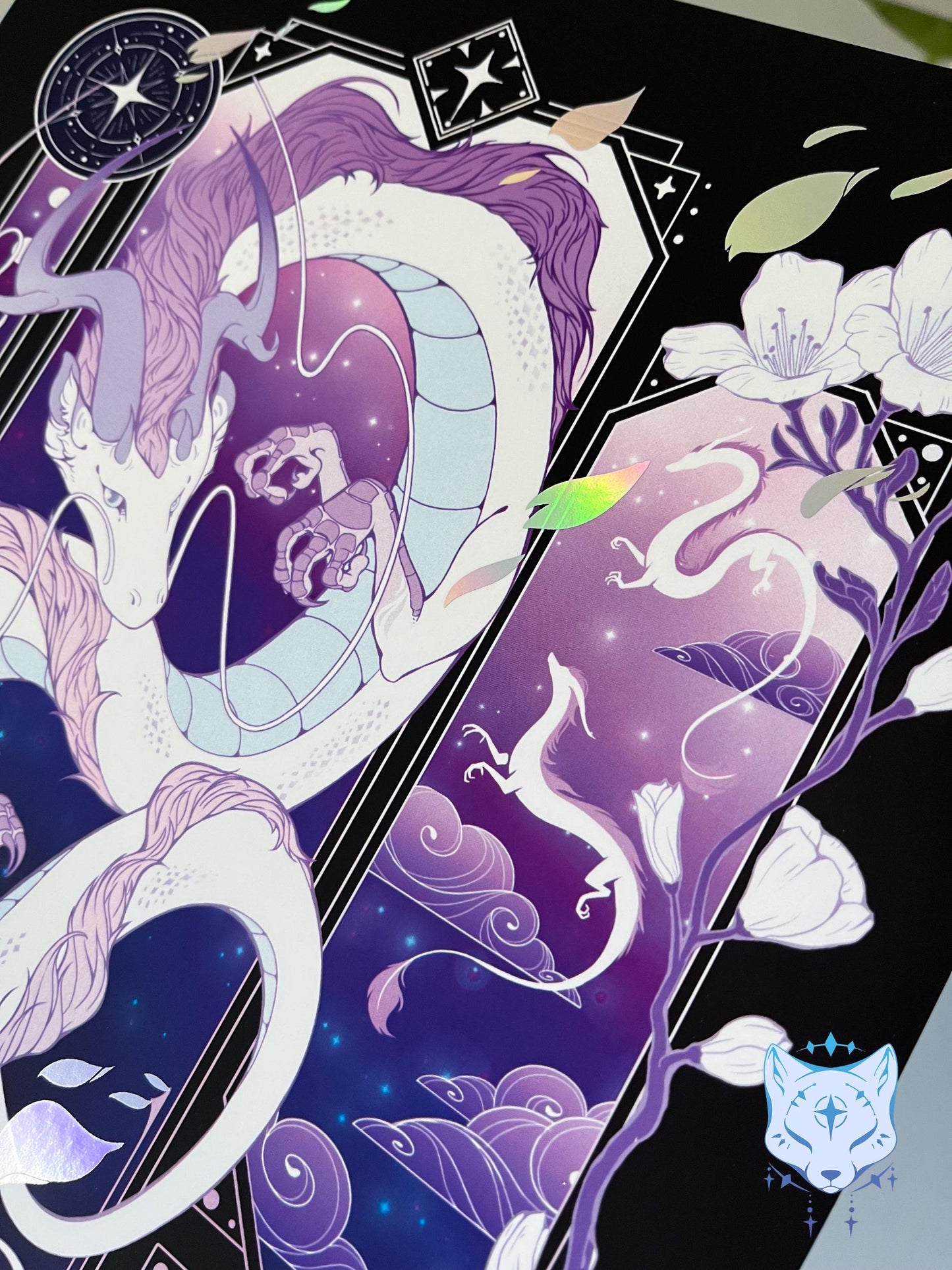 Purple & White Asian Dragon - A4 Holographic Foil Art print