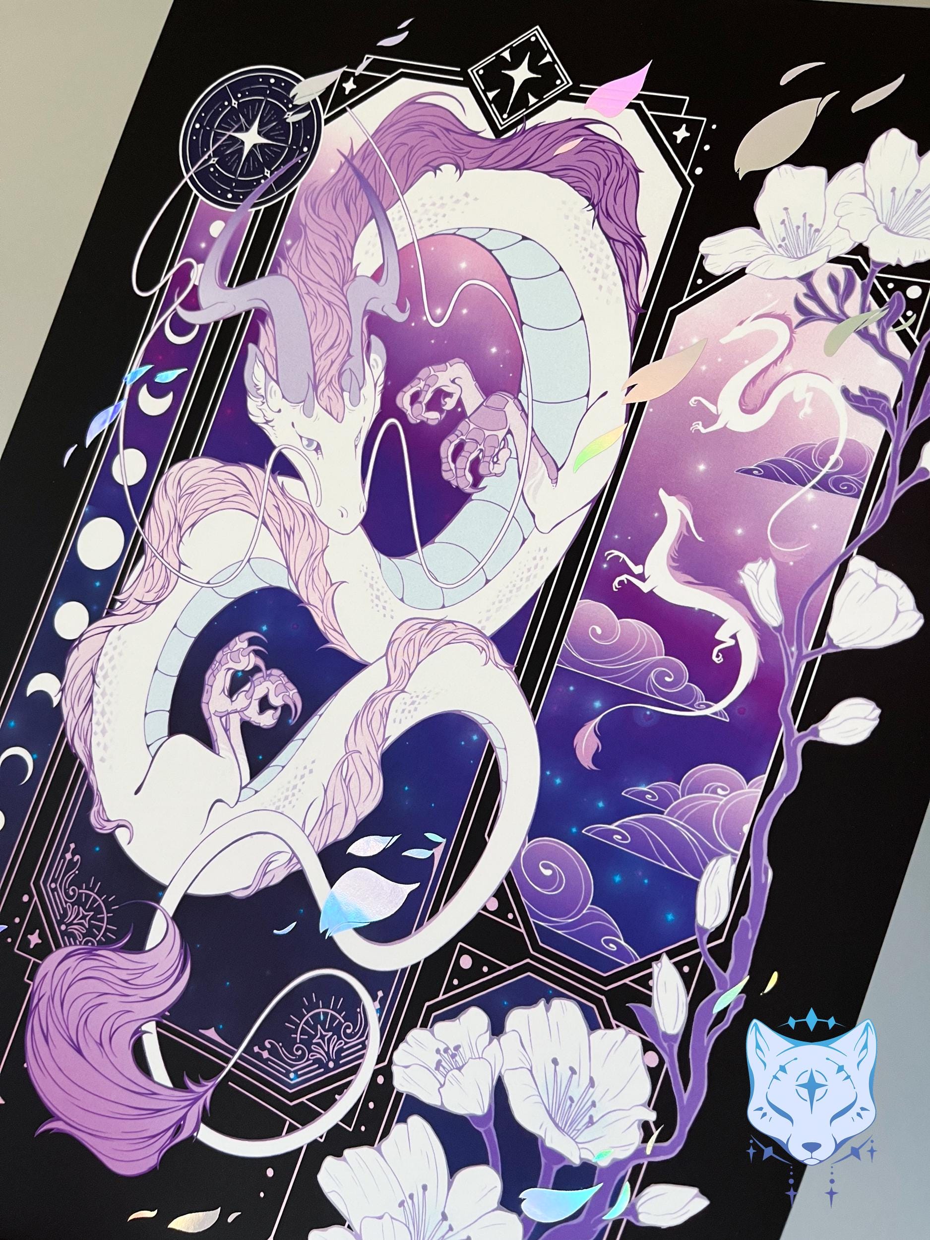 Purple & White Asian Dragon - A4 Holographic Foil Art print