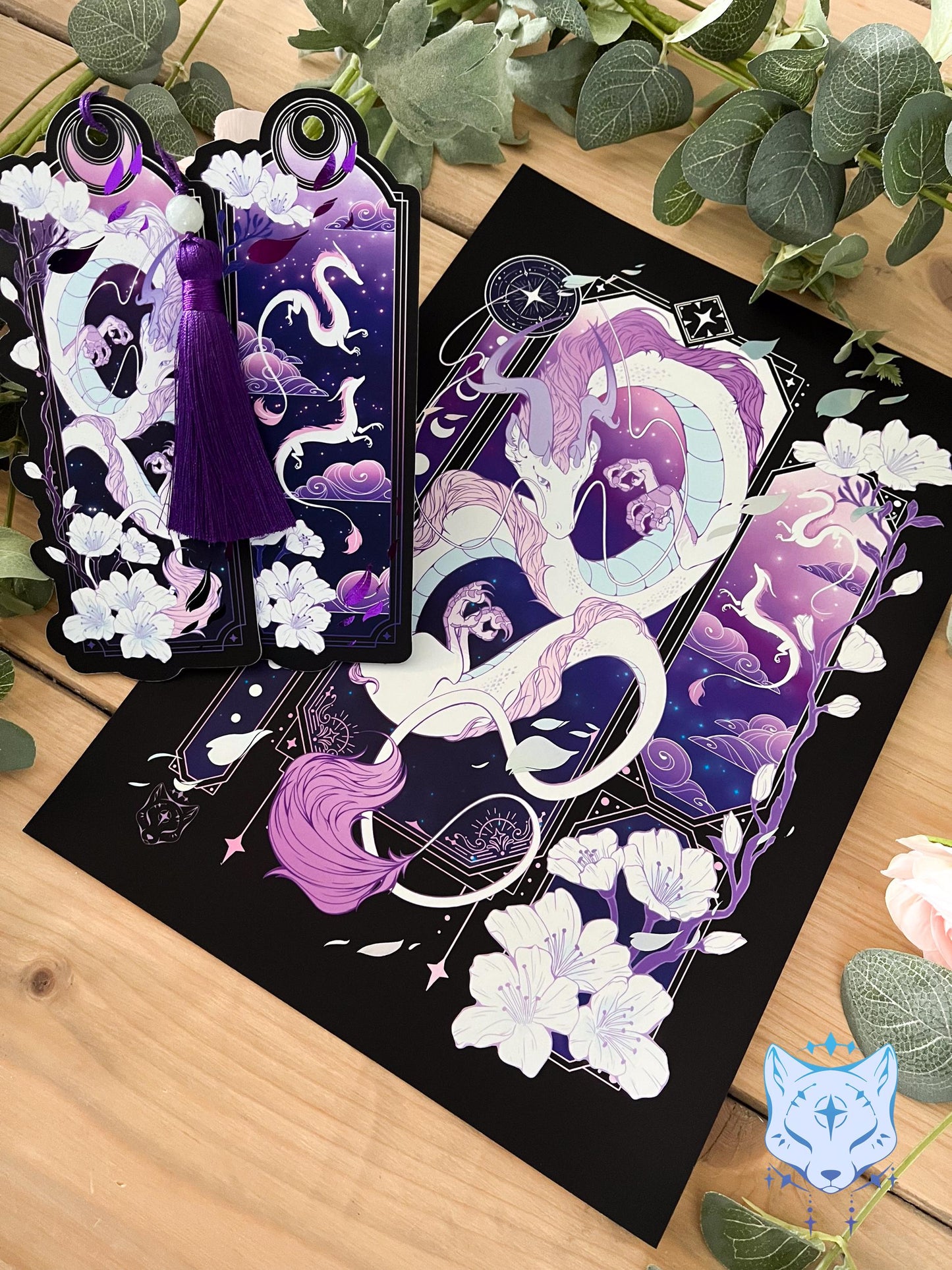 Purple & White Asian Dragon - A4 Holographic Foil Art print