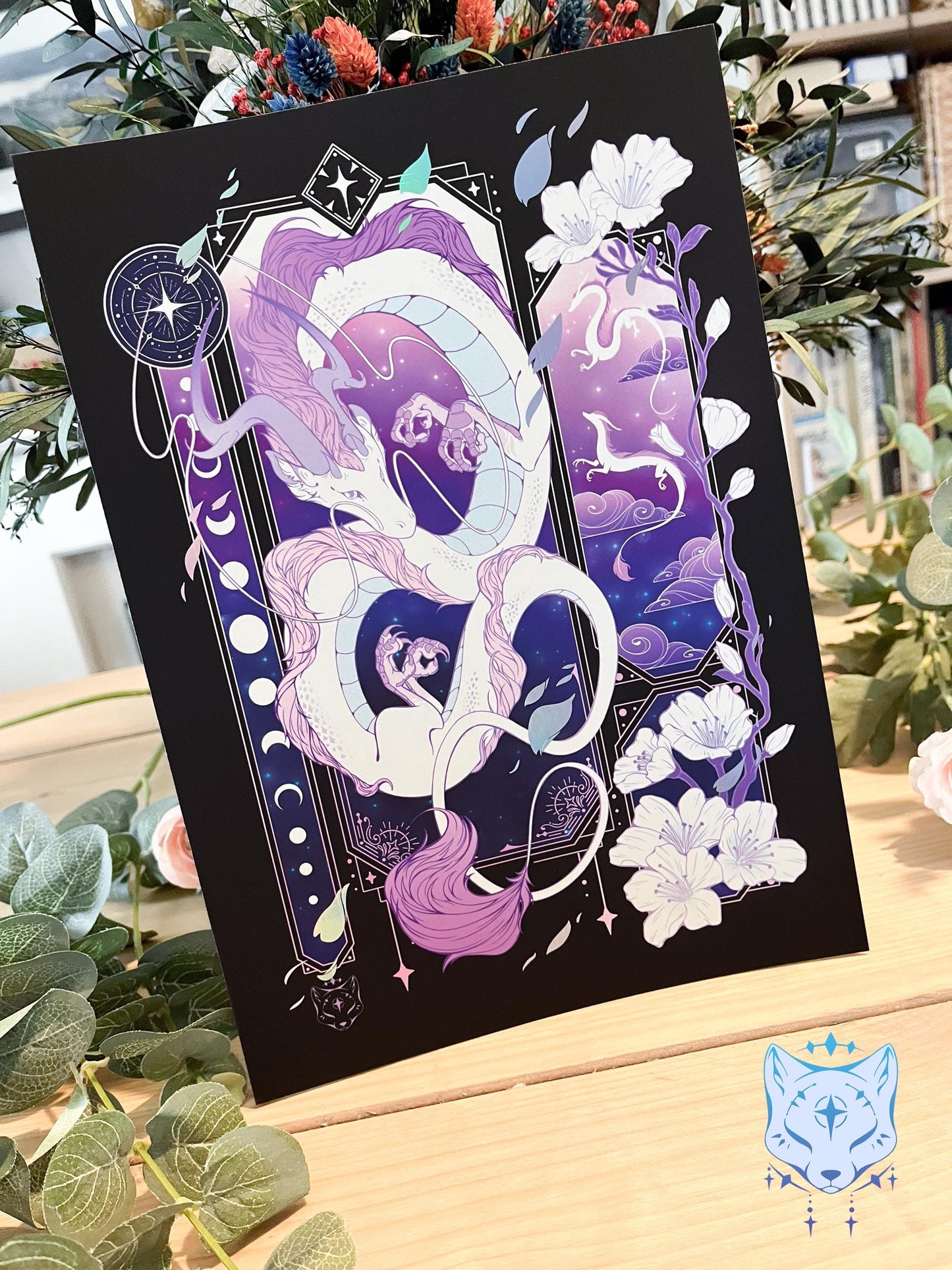 Purple & White Asian Dragon - A4 Holographic Foil Art print