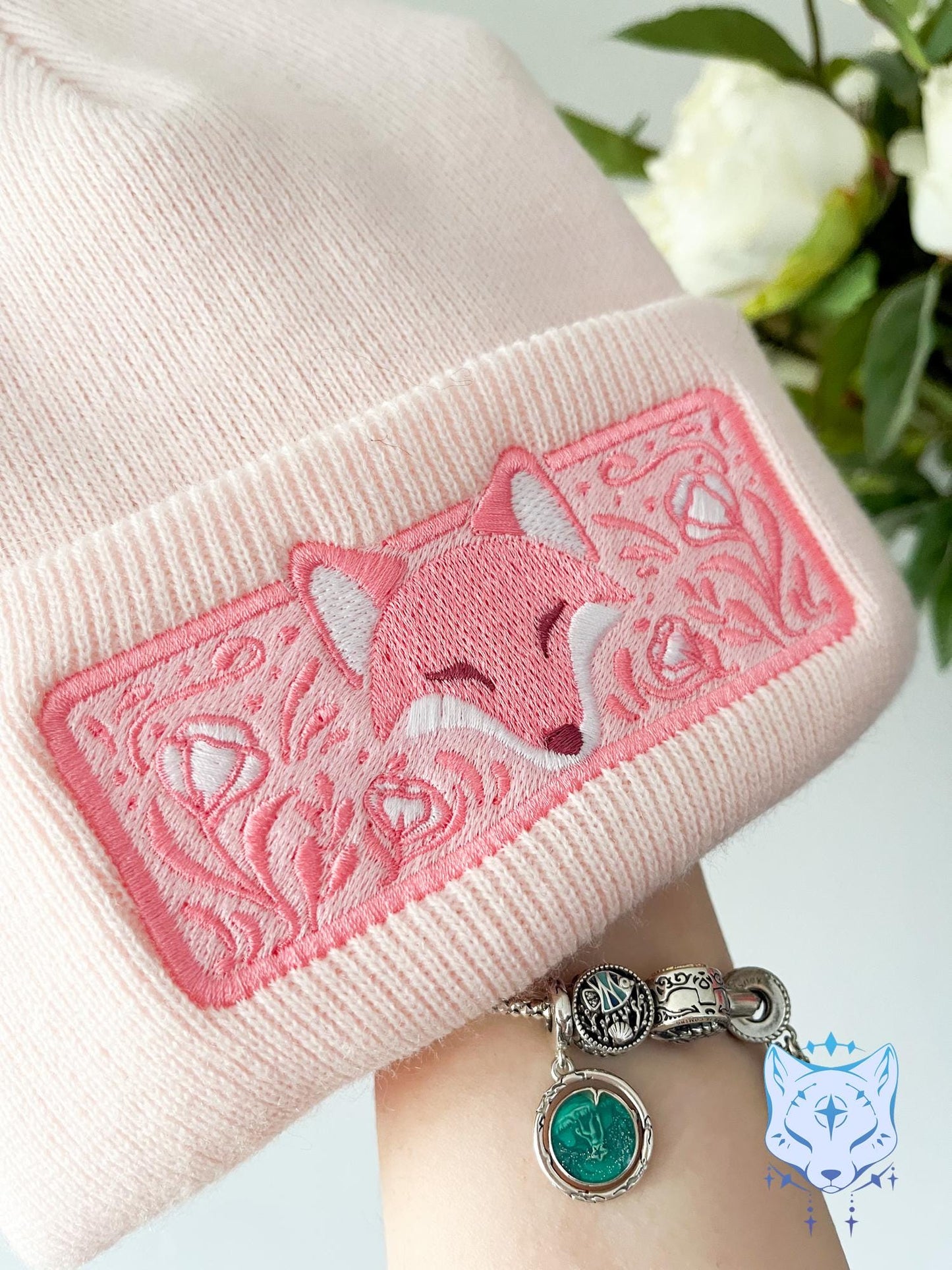 Fox Floral Embroidered Beanie