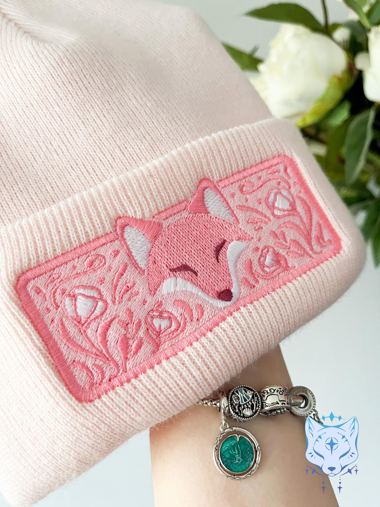 Fox Floral Embroidered Beanie