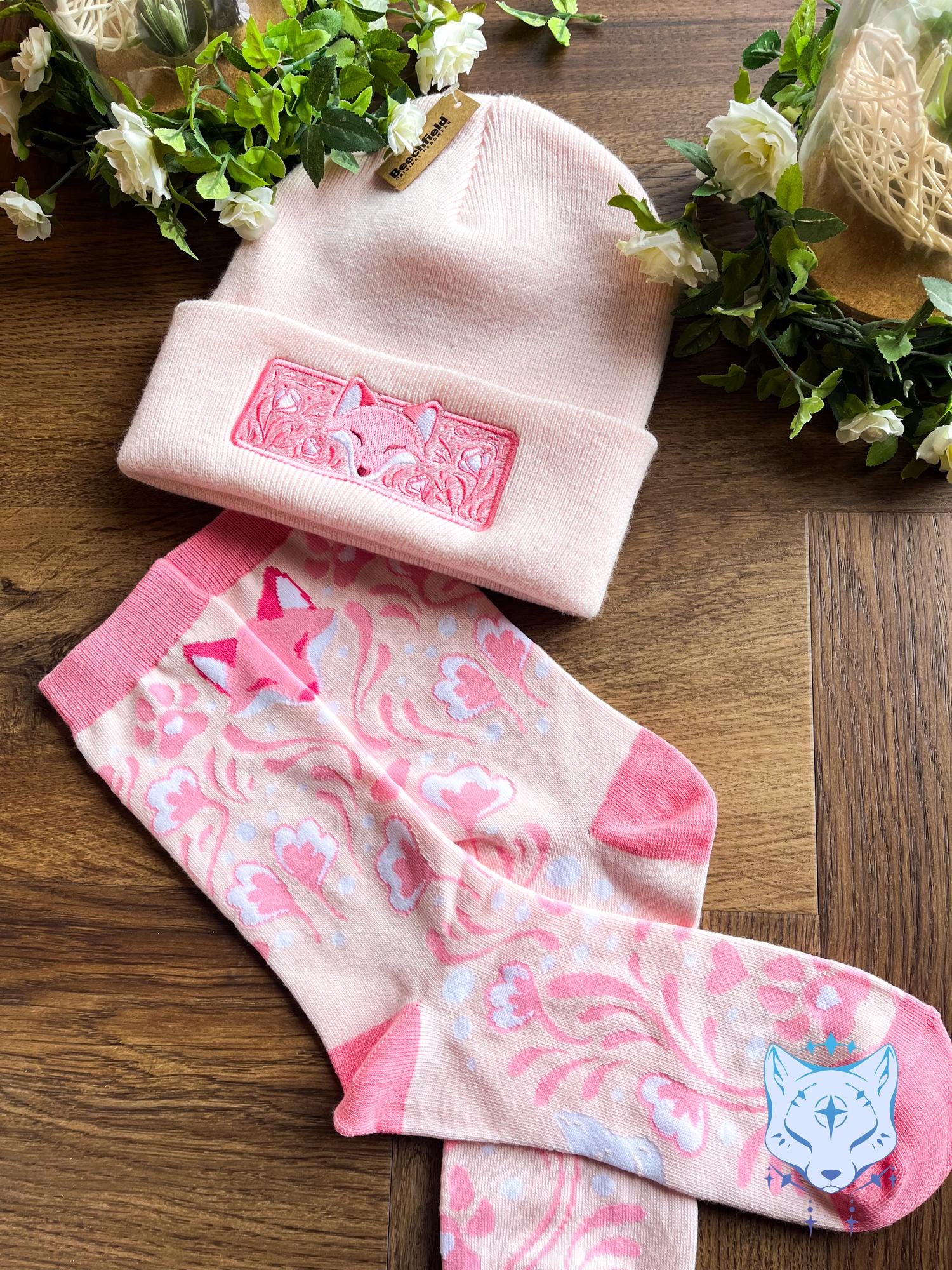 Fox Floral Embroidered Beanie