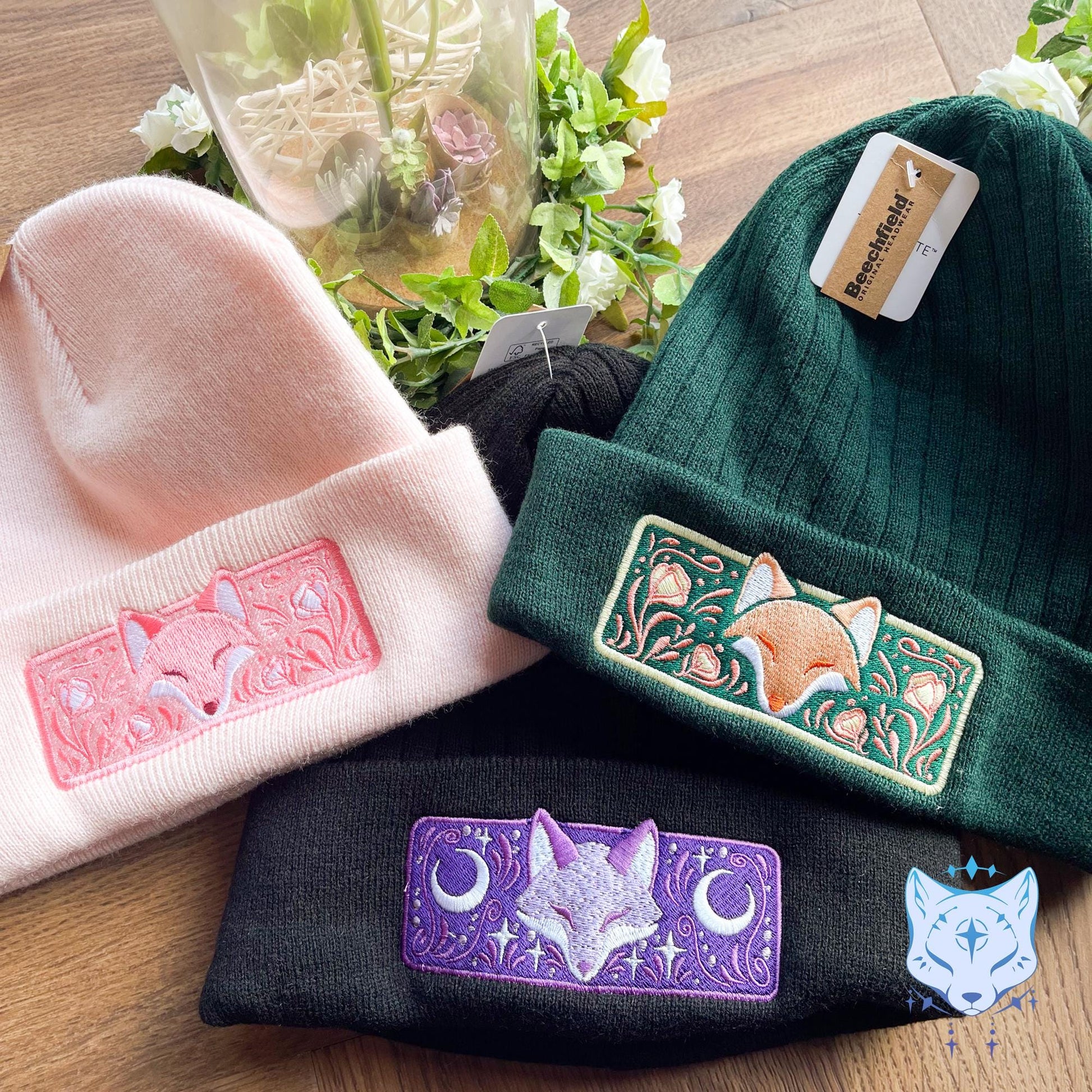 Fox Floral Embroidered Beanie