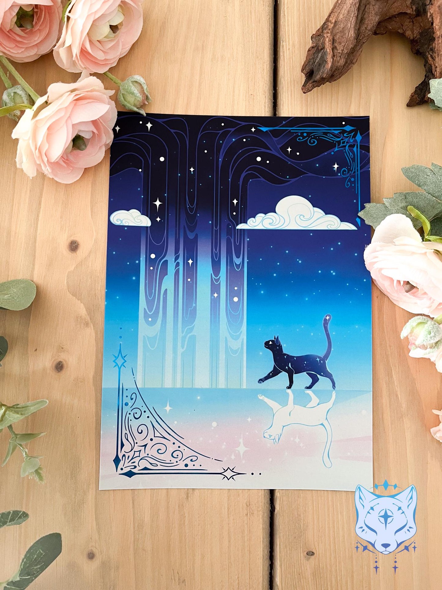 Reflection Waterfall - A5 Blue Foil Celestial Cat Print
